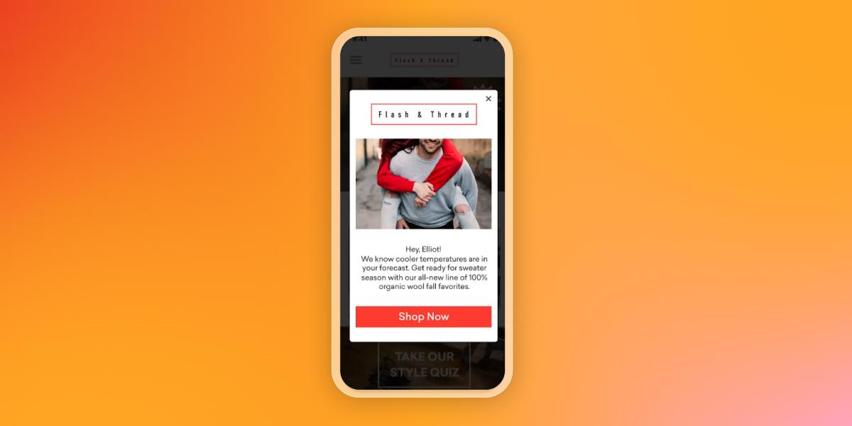 A smartphone displays a Flash & Thread pop-up ad for sweater season, featuring a person and a "Shop Now" button.