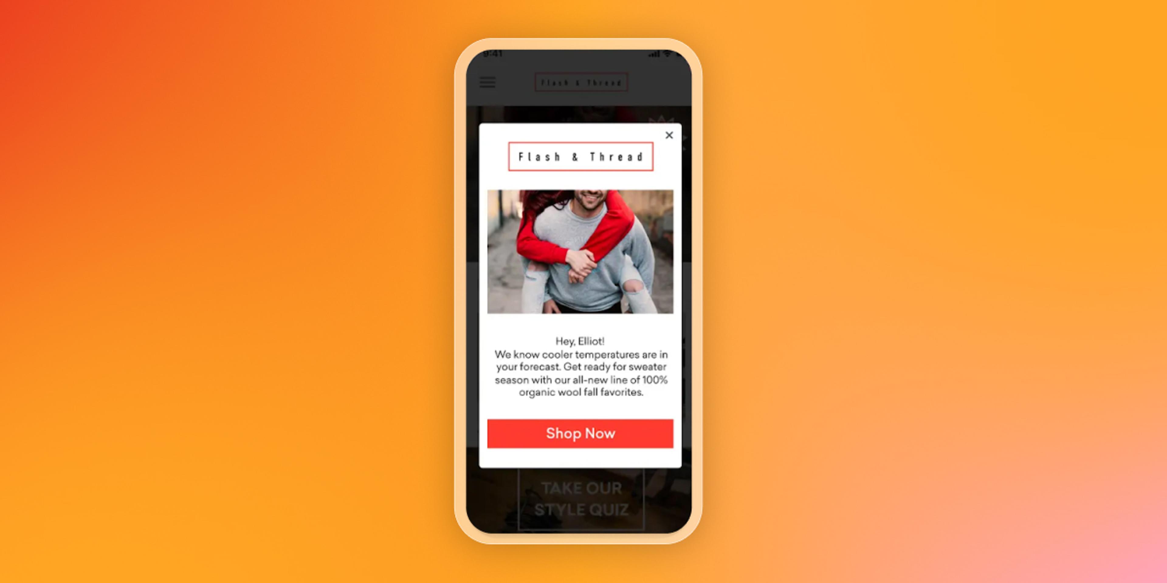 A smartphone displays a Flash & Thread pop-up ad for sweater season, featuring a person and a "Shop Now" button.