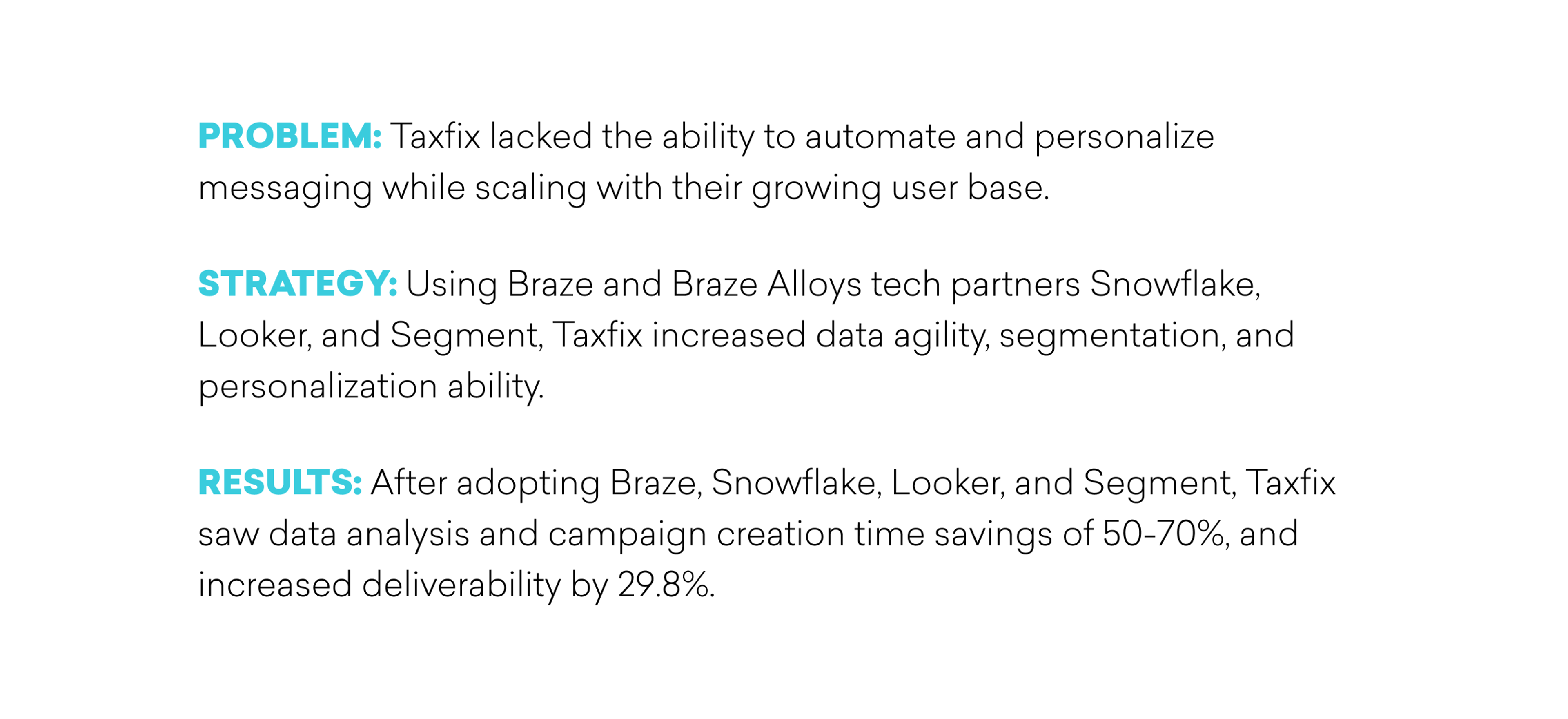 Text describing the problem, strategy, and results of Taxfix's use of data partners to improve messaging automation and personalization.