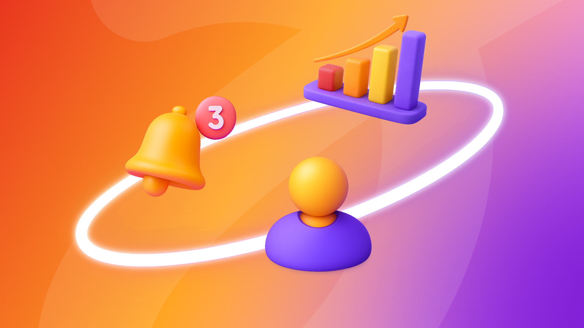 3D icons of a user, a notification bell with '3' alerts, and an upward-trending bar chart, connected by a glowing line.