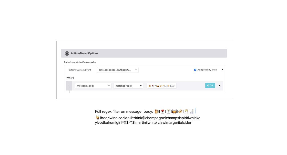 A user interface displaying an action-based options form with a regex filter for message body. The filter includes various drink emojis and keywords related to cocktails and beverages.