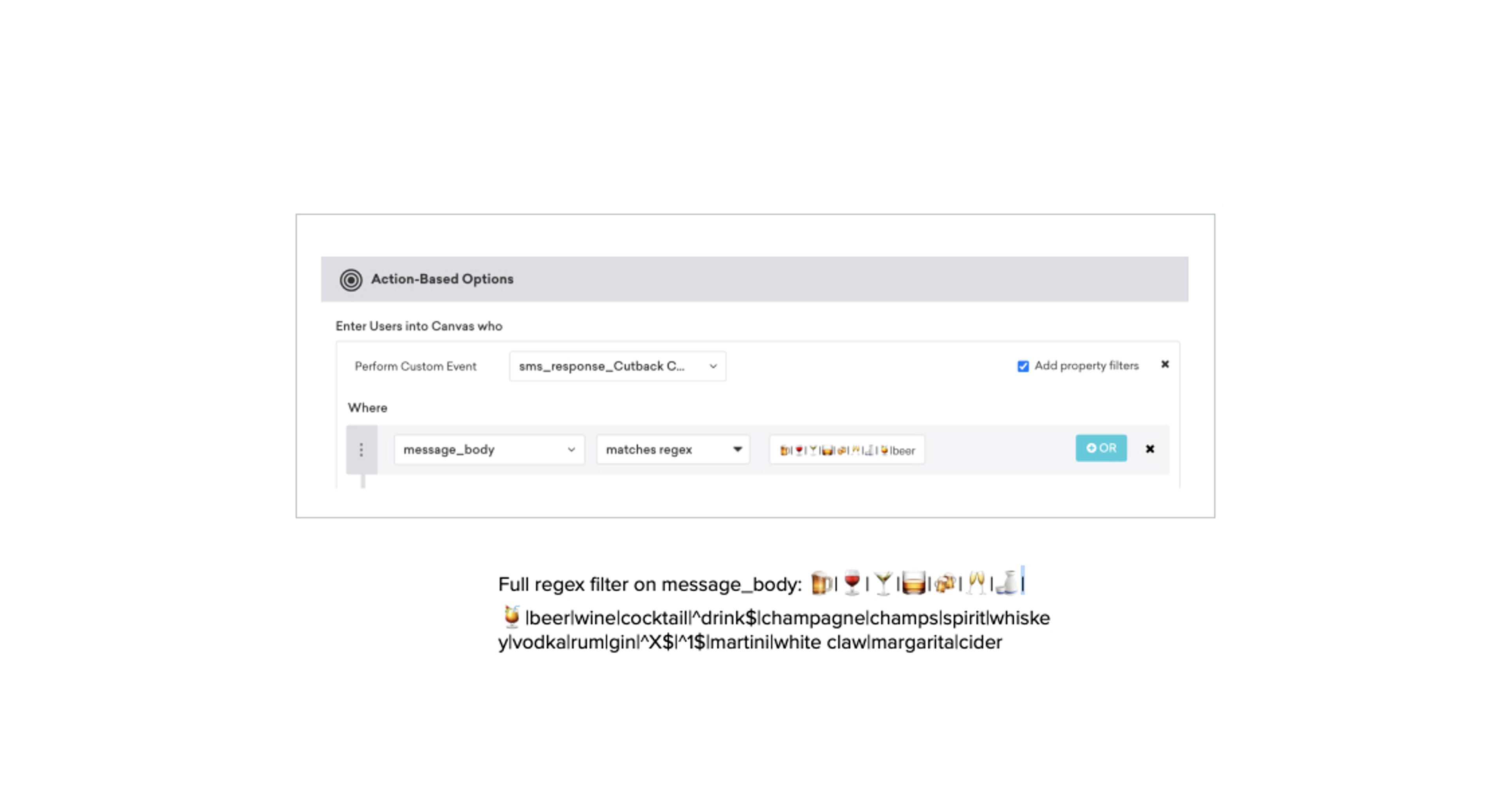 A user interface displaying an action-based options form with a regex filter for message body. The filter includes various drink emojis and keywords related to cocktails and beverages.
