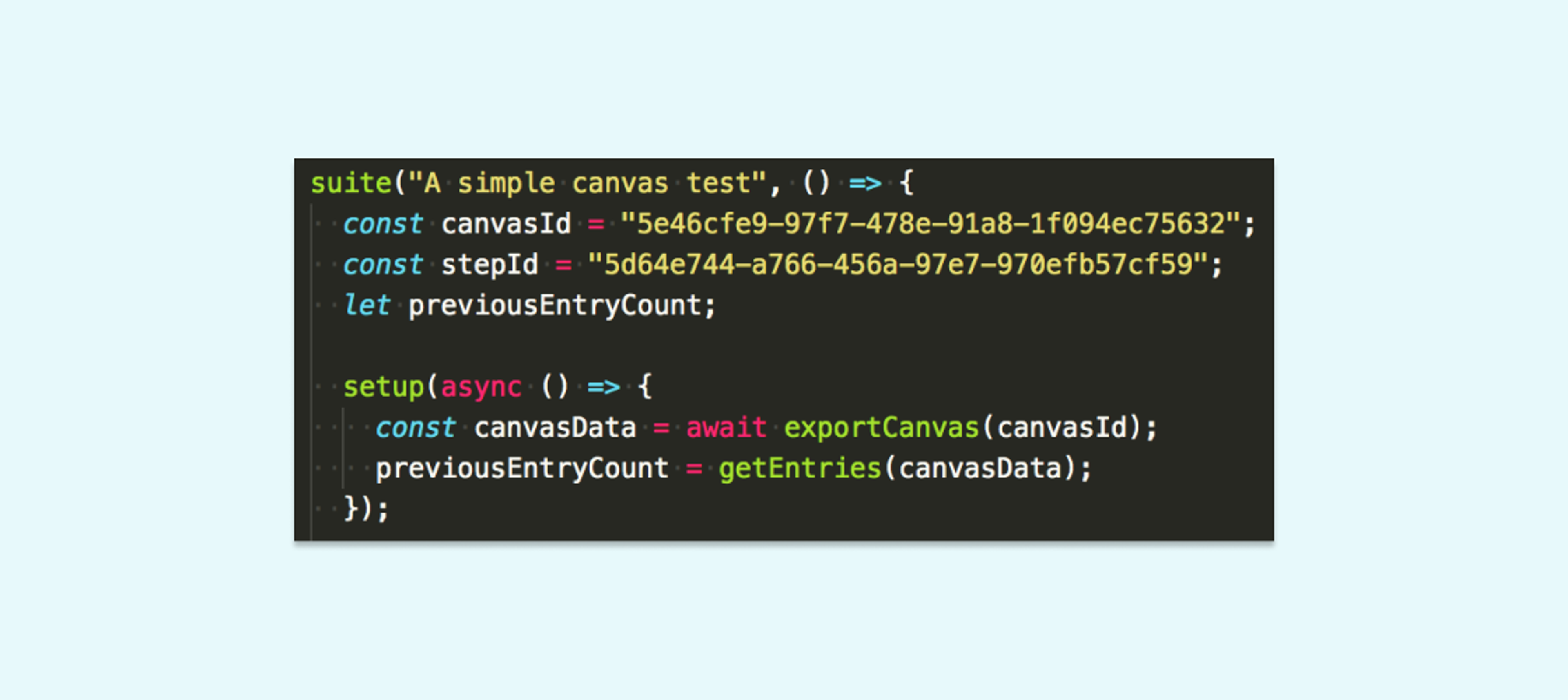 A semi-contrived illustration of how we use GUIDs in a test spec—a lot of these screenshots are real, live tests with cruft removed for clarity.
