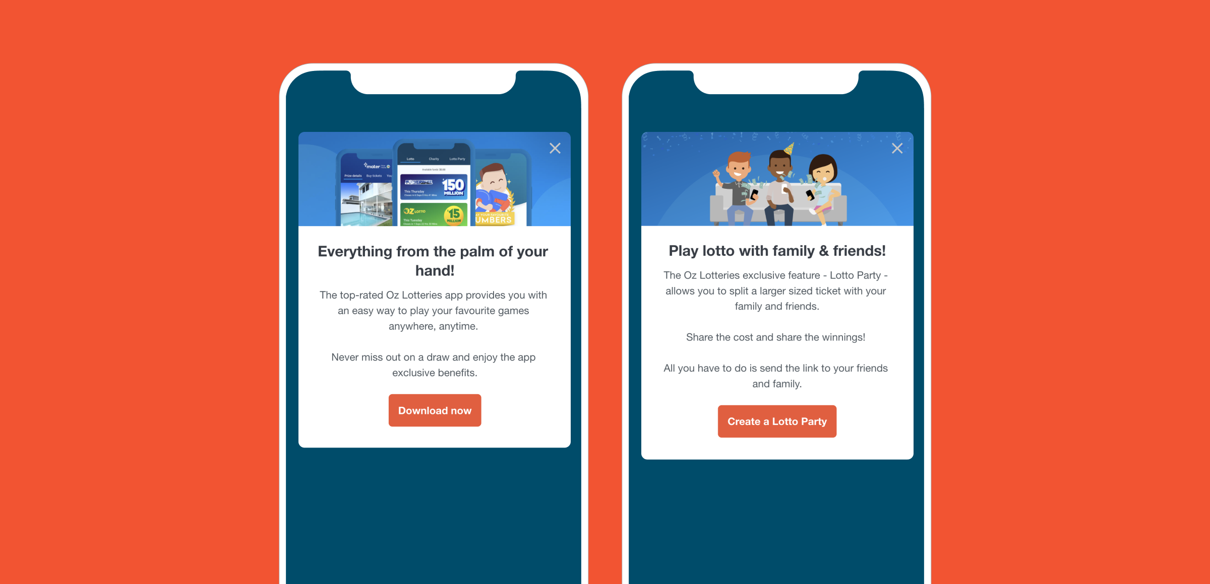 Two smartphone screens displaying a lottery app. The left screen promotes features for playing games, while the right screen invites users to create a Lotto Party with friends and family.