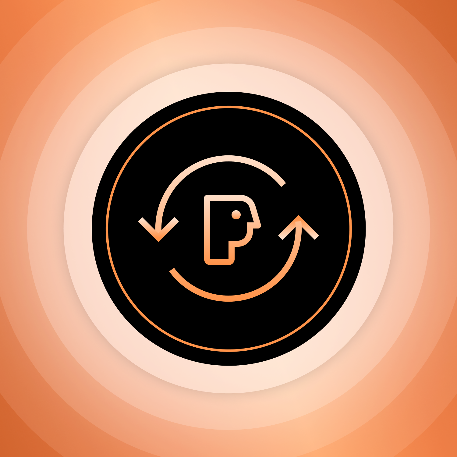 Orange outline icon of a head and two circular arrows forming a cycle, on a black circle with an orange concentric ring background.