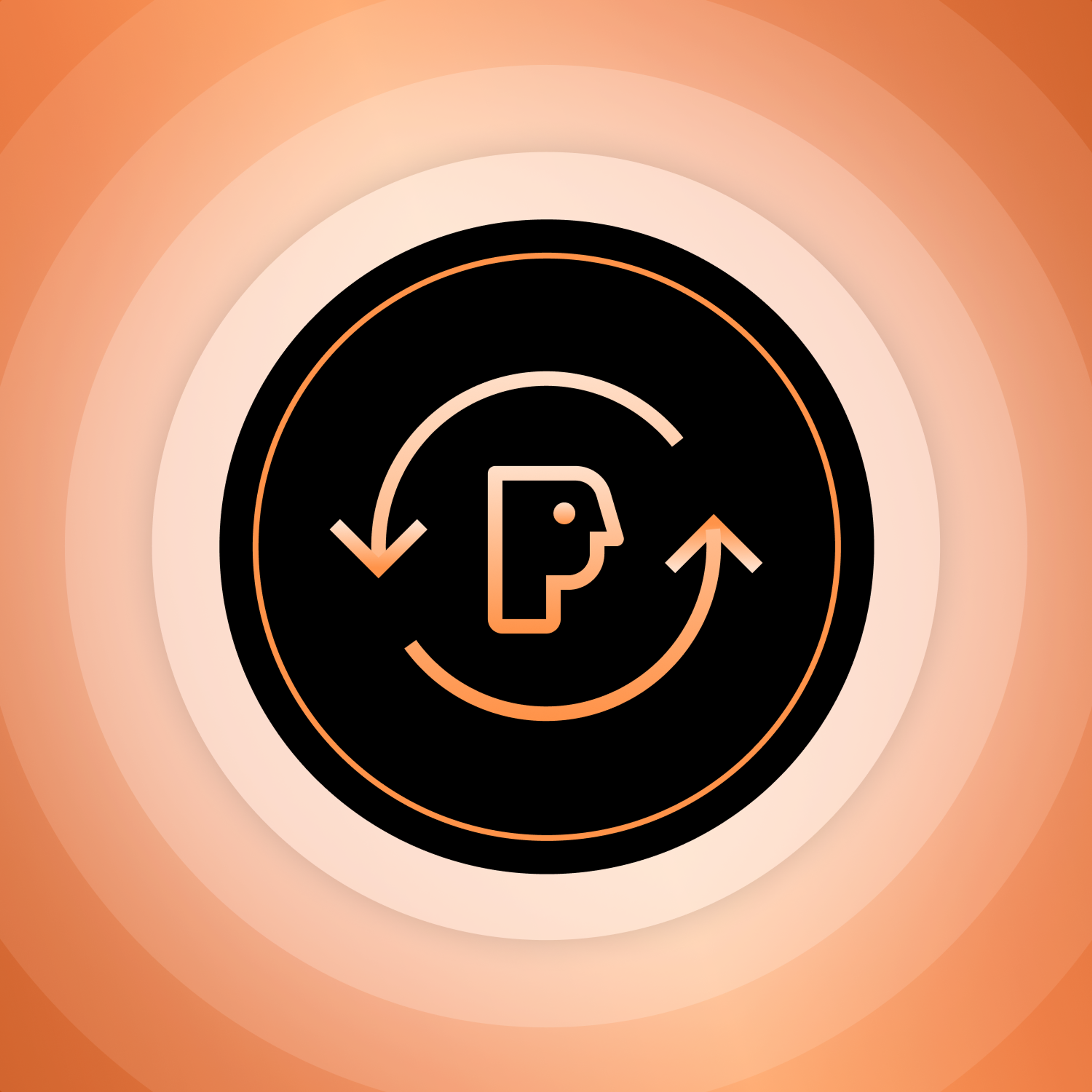 Orange outline icon of a head and two circular arrows forming a cycle, on a black circle with an orange concentric ring background.