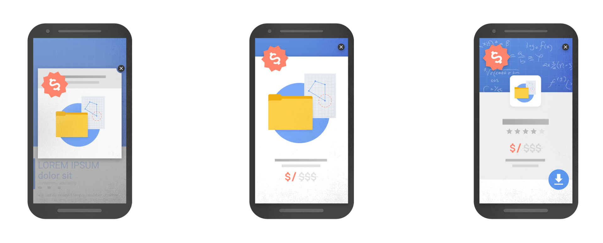 Three smartphone screens displaying a design interface. The first screen shows a dollar sign badge, the second features a folder icon, and the third includes a rating system and download button.