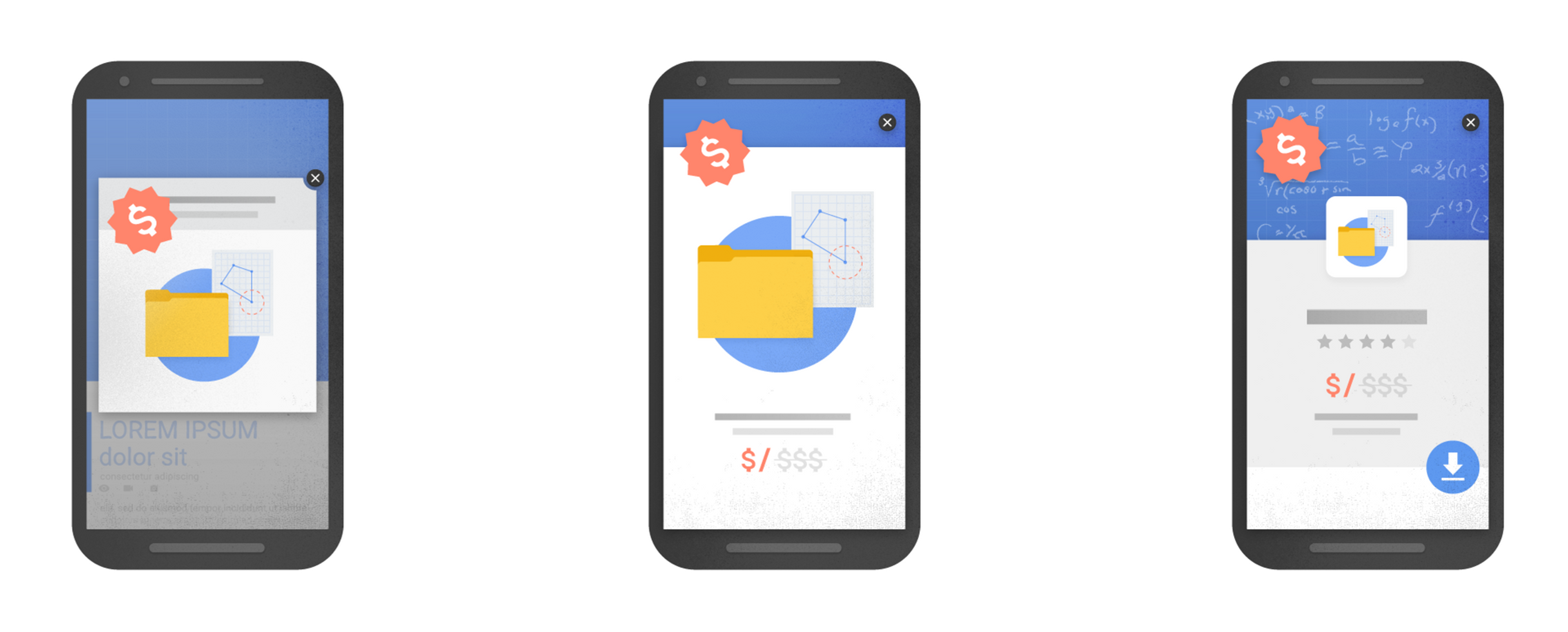 Three smartphone screens displaying a design interface. The first screen shows a dollar sign badge, the second features a folder icon, and the third includes a rating system and download button.