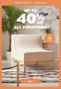 Promotional image for a furniture sale offering up to 40% off. Features a light-colored chair and decorative background elements.