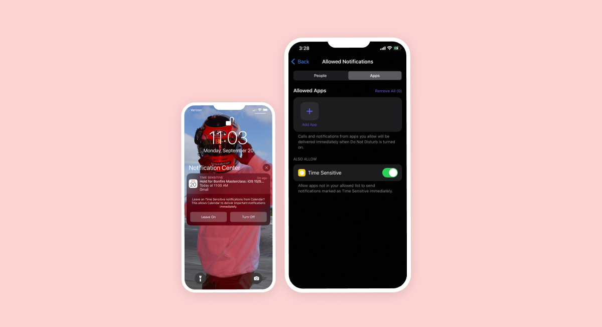 Two smartphone screens displayed side by side. The left screen shows a notification center with the time and a notification, while the right screen displays settings for allowed notifications with options for apps and time-sensitive alerts.
