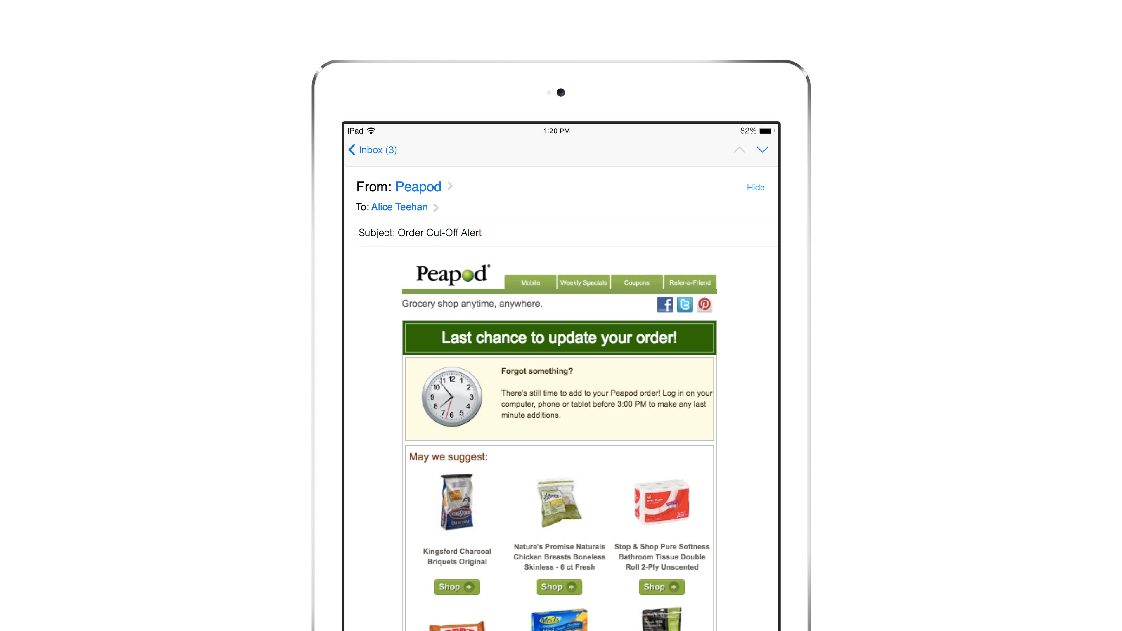 An email from Peapod on an iPad, featuring a grocery order alert and suggestions for items to update the order. The subject line reads "Order Cut-Off Alert.