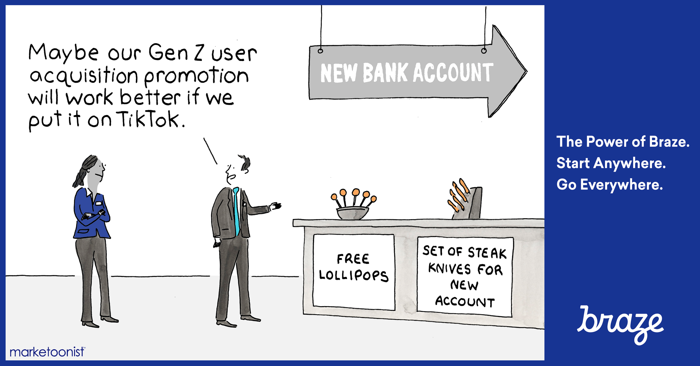 A man suggests that a Gen Z user acquisition promotion might be more effective on TikTok, while a woman stands behind a counter offering free lollipops and steak knives for new accounts.