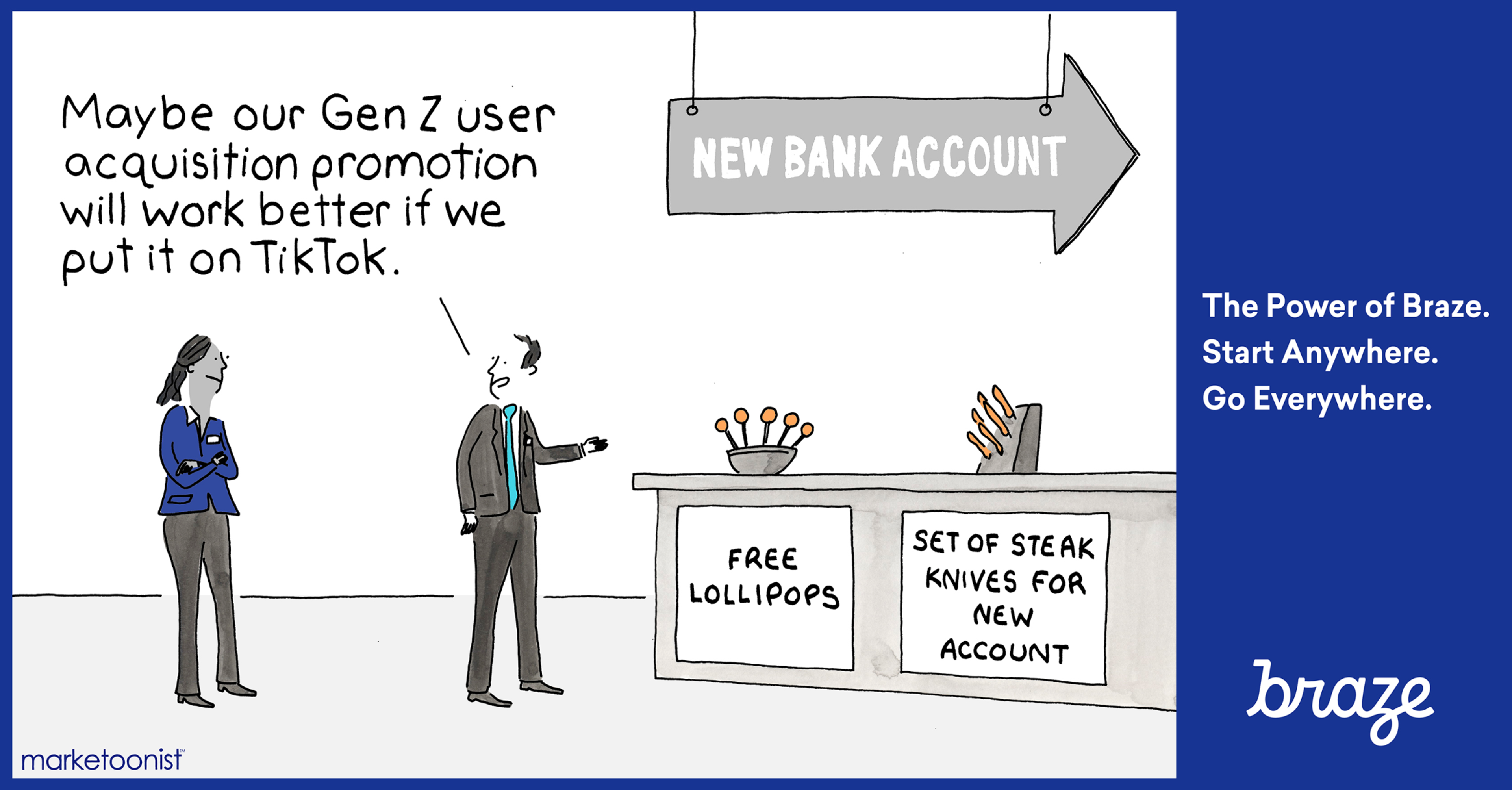A man suggests that a Gen Z user acquisition promotion might be more effective on TikTok, while a woman stands behind a counter offering free lollipops and steak knives for new accounts.