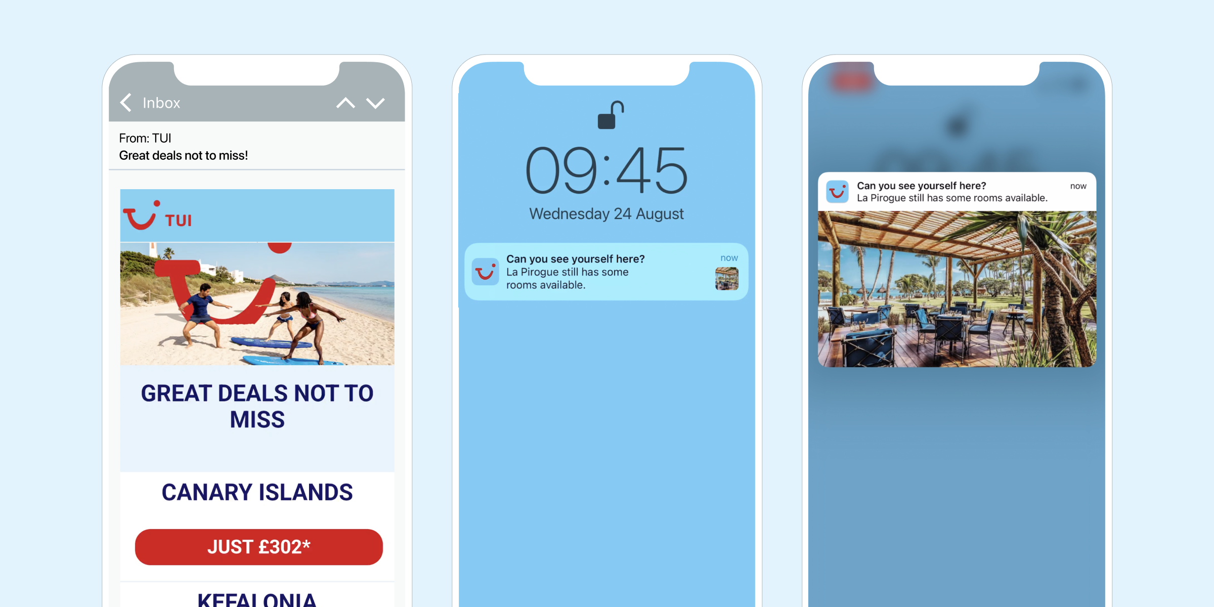 Pantalla de un teléfono móvil mostrando un correo de TUI con ofertas de viajes a las Islas Canarias y una notificación sobre disponibilidad de habitaciones.