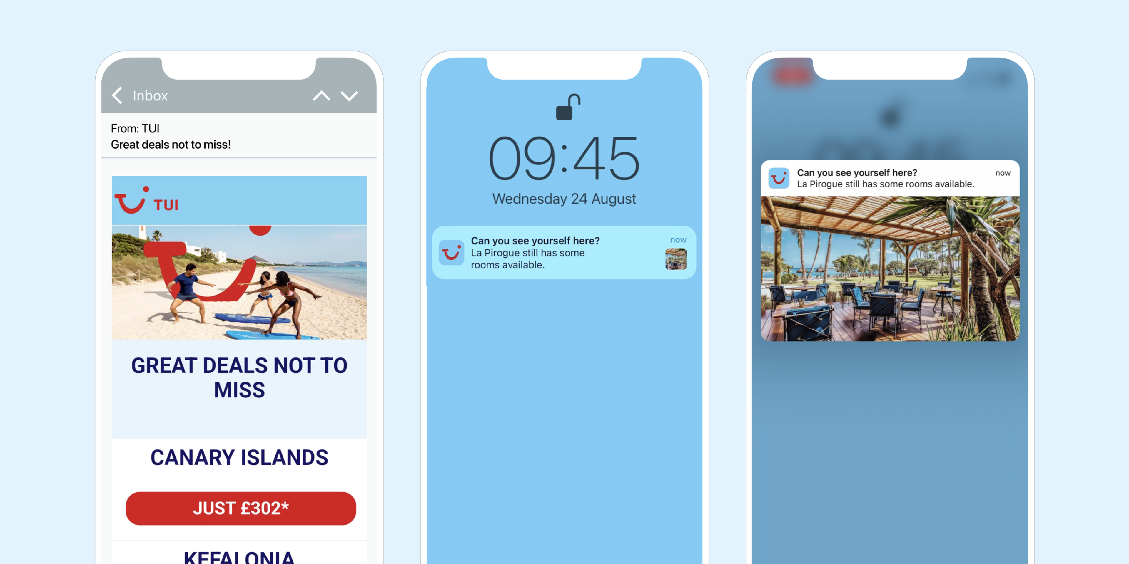 Pantalla de un teléfono móvil mostrando un correo de TUI con ofertas de viajes a las Islas Canarias y una notificación sobre disponibilidad de habitaciones.