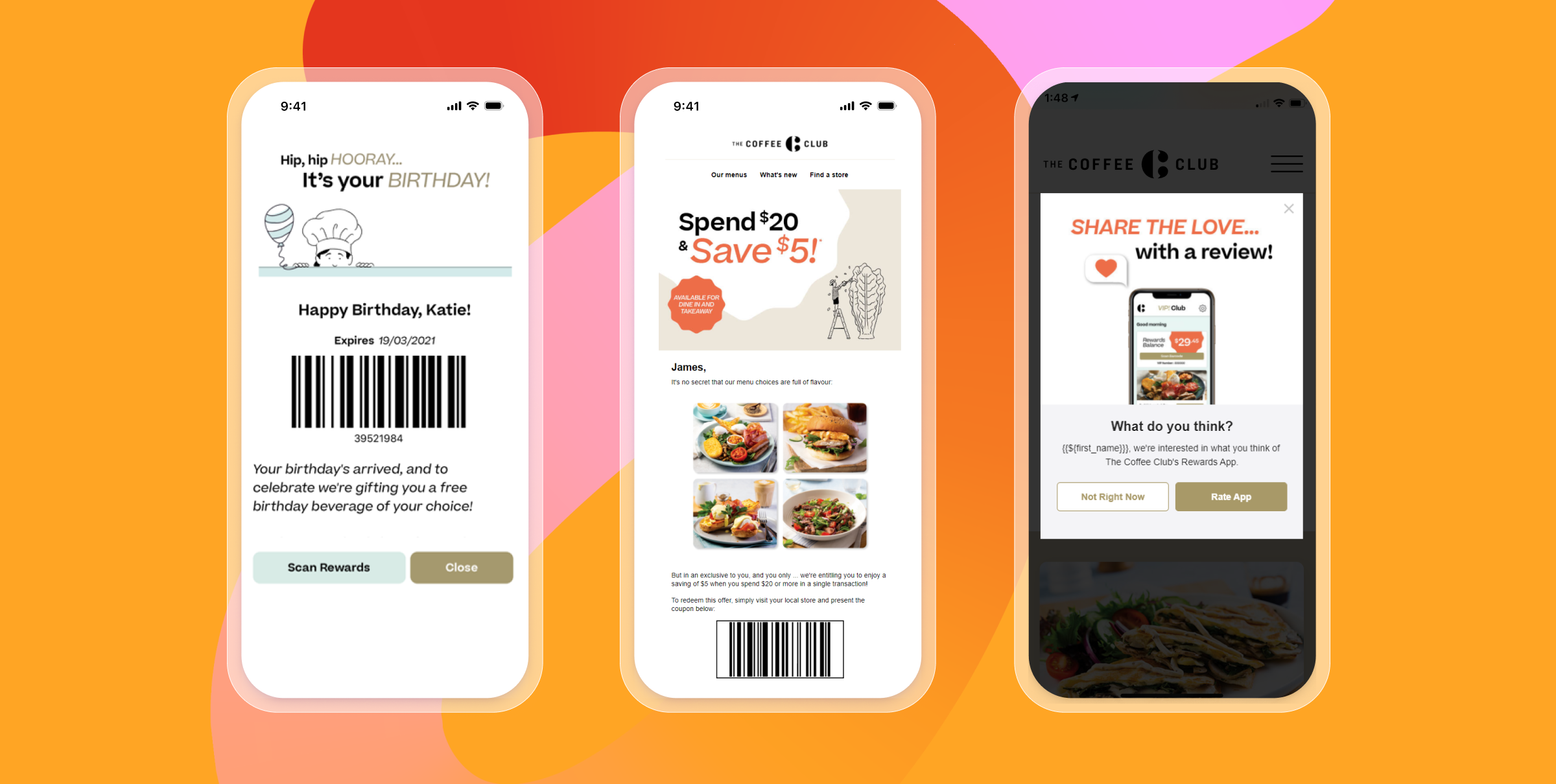 Três telas de celular exibindo recursos do aplicativo de recompensas The Coffee Club, incluindo um código de barras de desconto de aniversário, uma oferta de "Gaste US$ 20 e economize US$ 5" e uma janela pop-up de solicitação de avaliação.