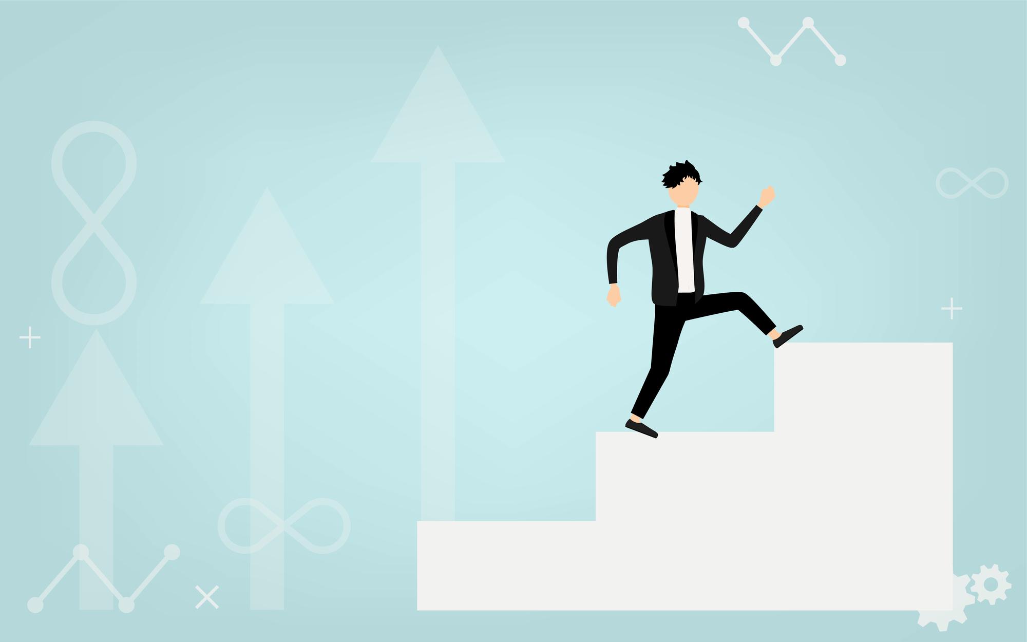 a man in a suit is climbing up a set of stairs .