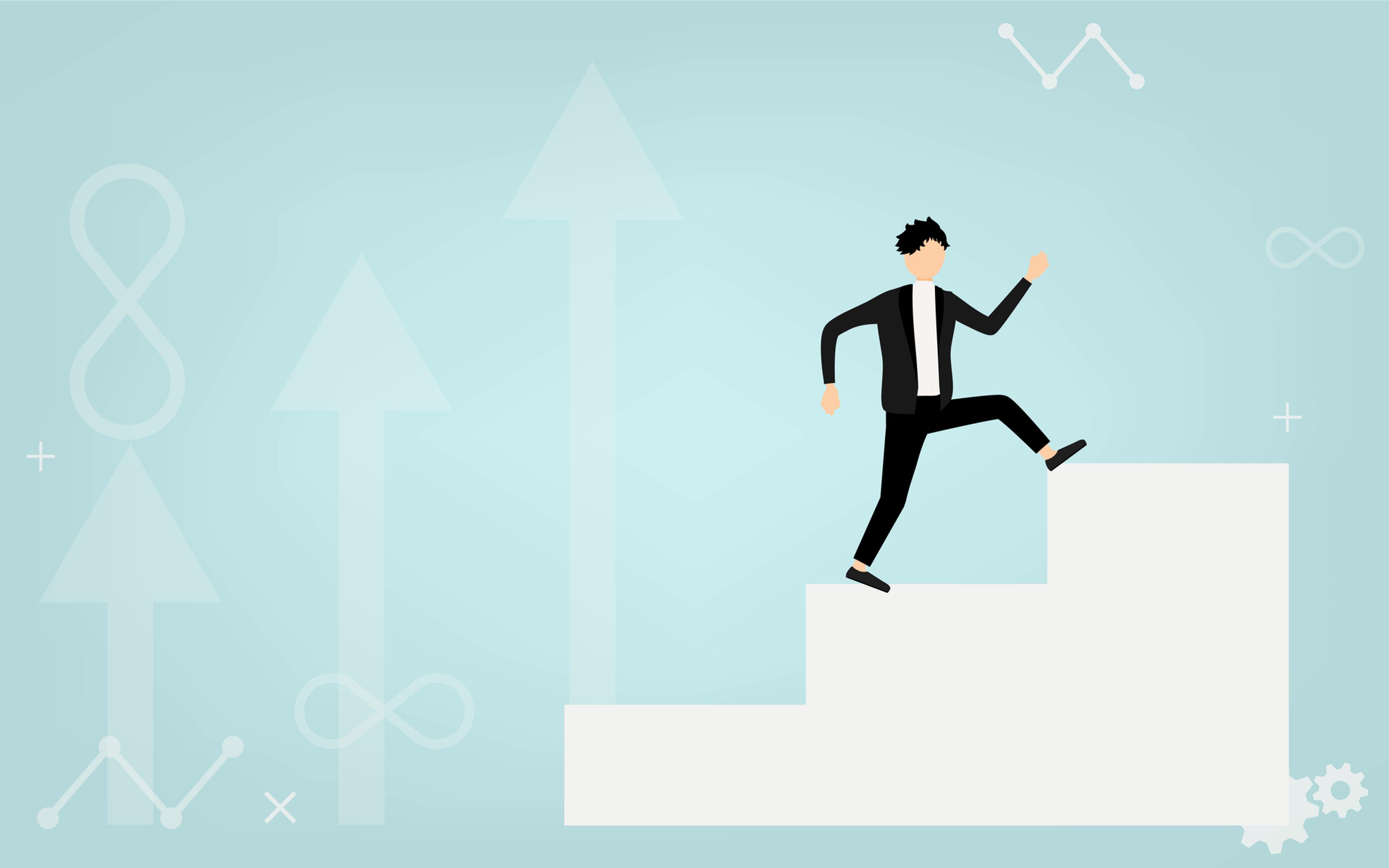 a man in a suit is climbing up a set of stairs .