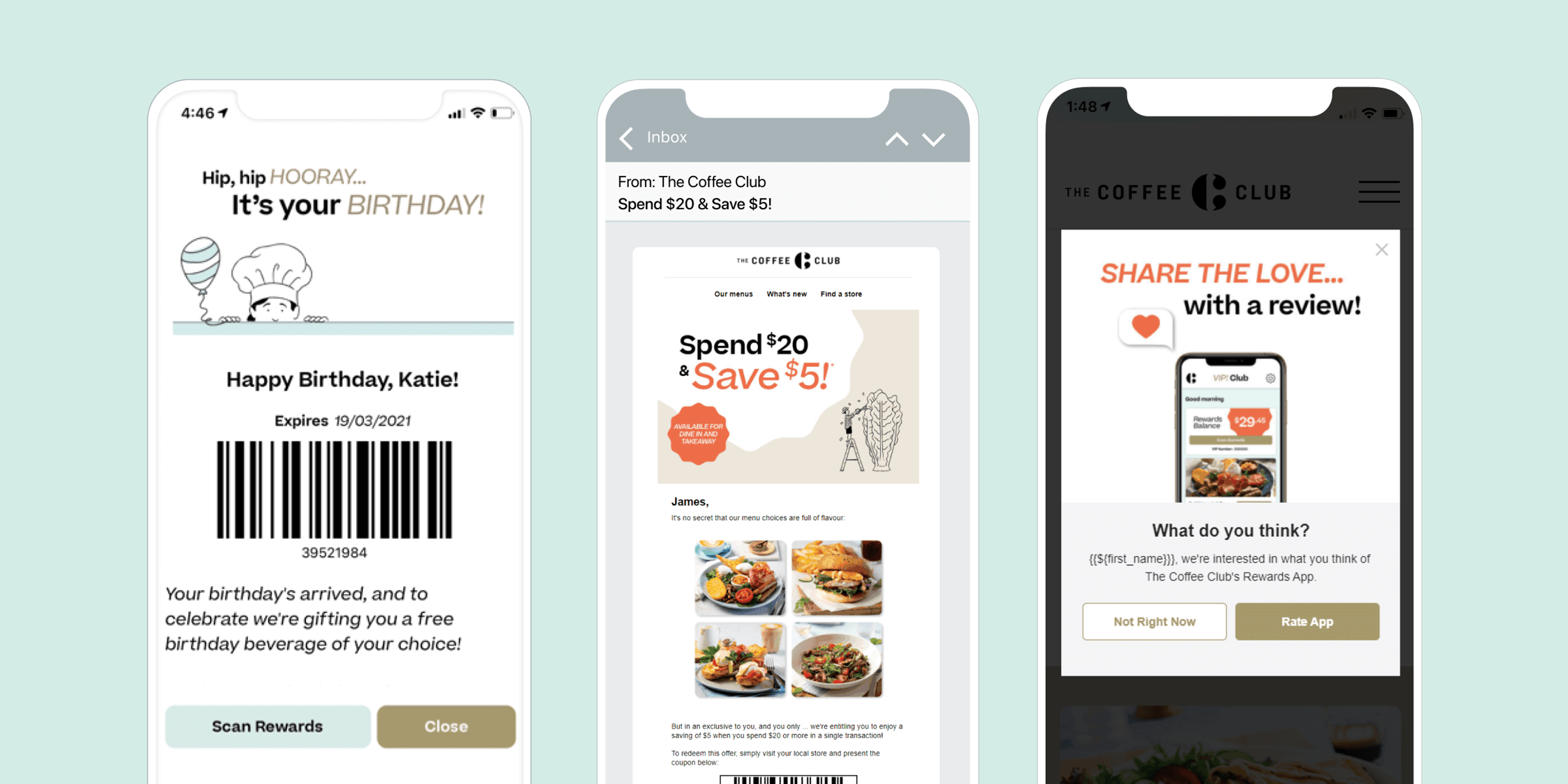 Three digital birthday promotions from The Coffee Club, featuring a birthday greeting, a discount offer, and a request for a review. Each promotion includes images of food and a call to action.