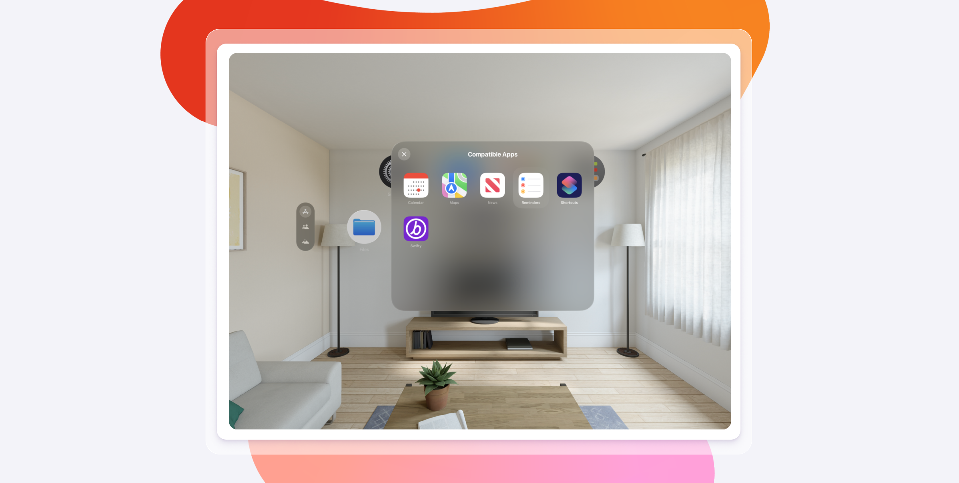 A modern living room featuring a TV and a coffee table with a plant. An overlay displays compatible app icons on a blurred background.