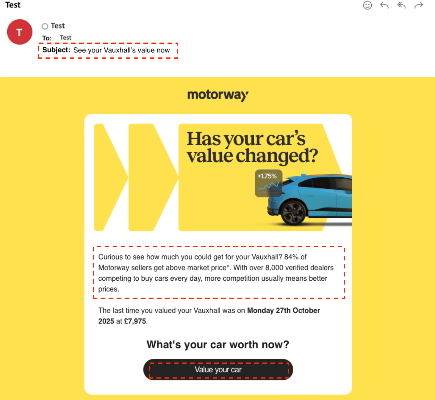 Screenshot of a Motorway marketing email with the subject line “See your Vauxhall’s value now,” showing a yellow banner asking “Has your car’s value changed?” and a call-to-action button labeled “Value your car.”