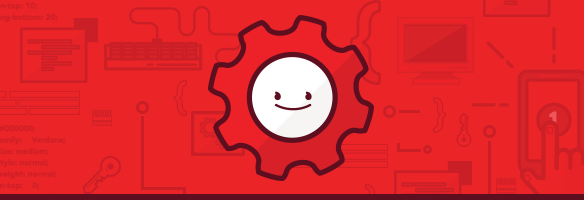 A smiling gear icon on a red background with faint illustrations of technology and coding elements.