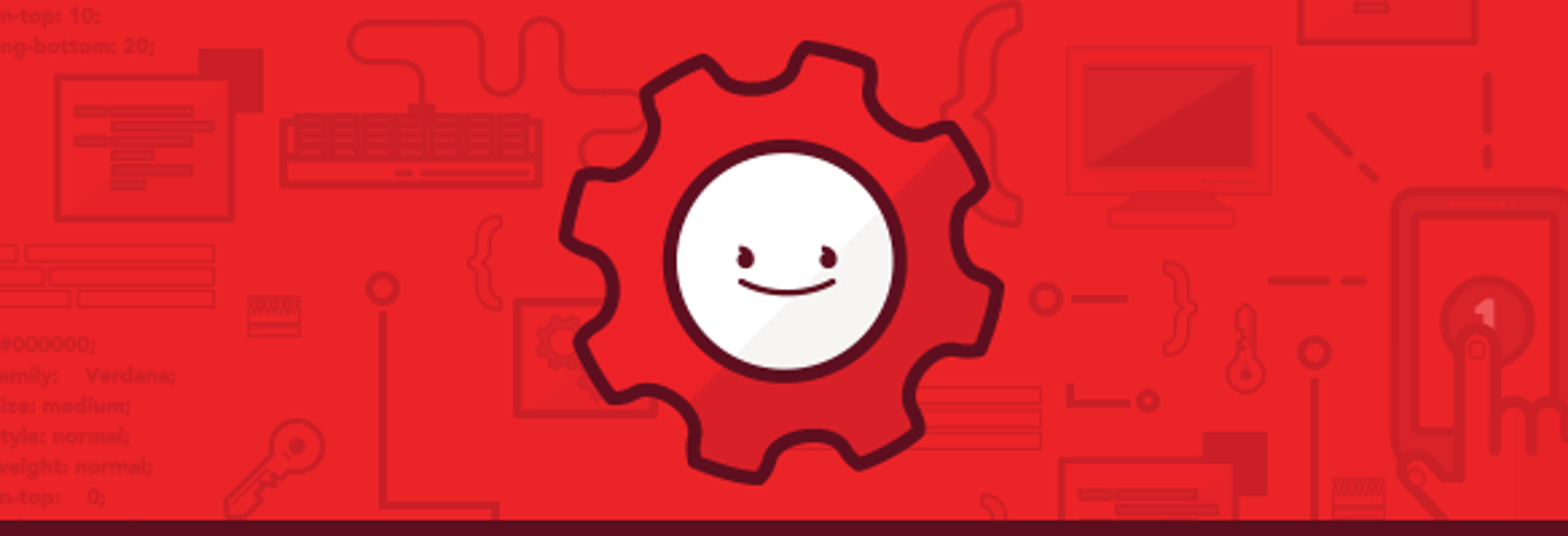 A smiling gear icon on a red background with faint illustrations of technology and coding elements.