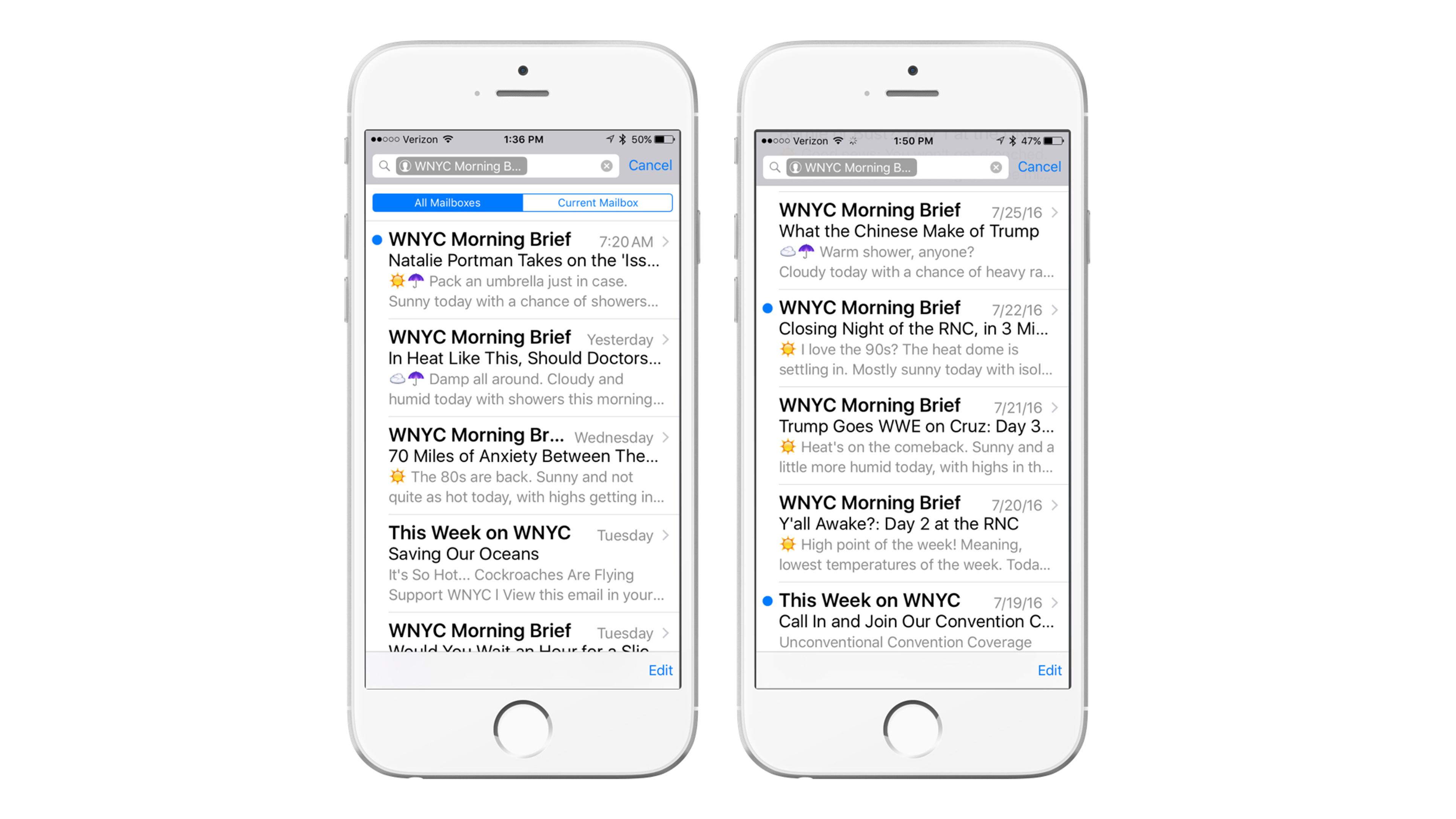 Two iPhones displaying a list of news articles in a mobile app titled "WNYC Morning Brief." The articles cover various topics, including politics and environmental issues.