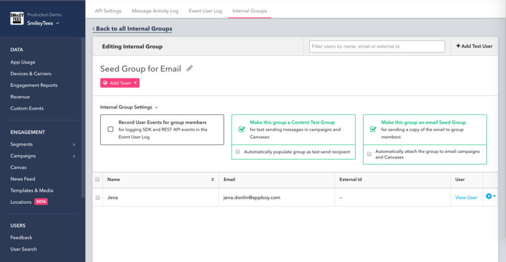 A user interface for managing internal groups in an email application, displaying settings for a group named "Seed Group for Email" with options to add team members and configure group settings.
