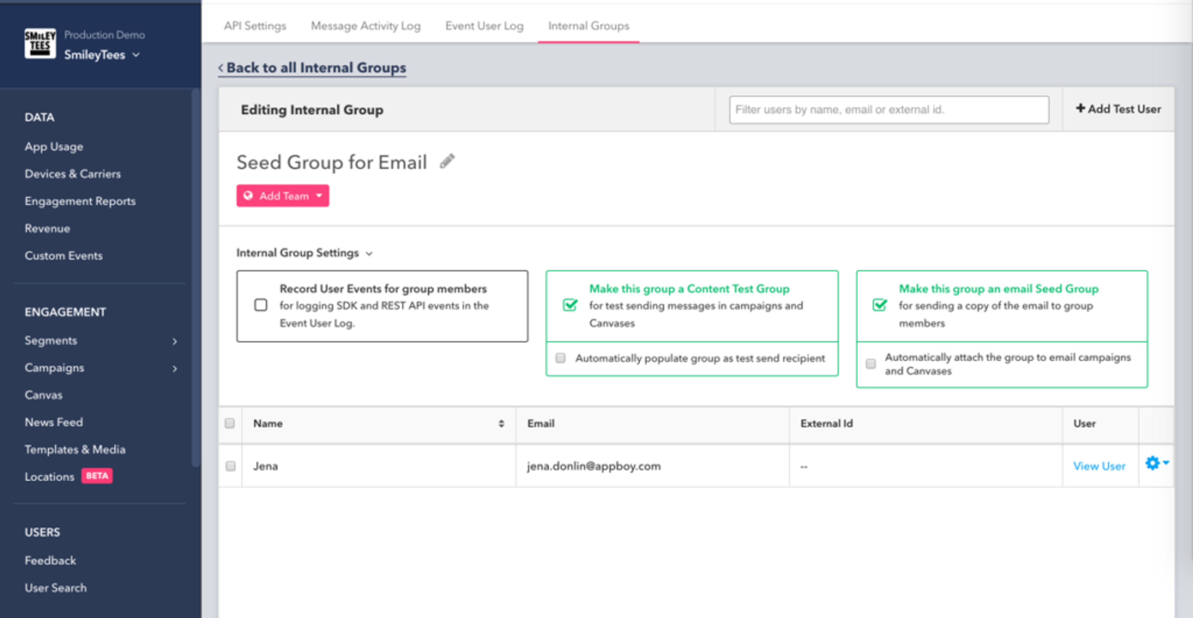 A user interface for managing internal groups in an email application, displaying settings for a group named "Seed Group for Email" with options to add team members and configure group settings.