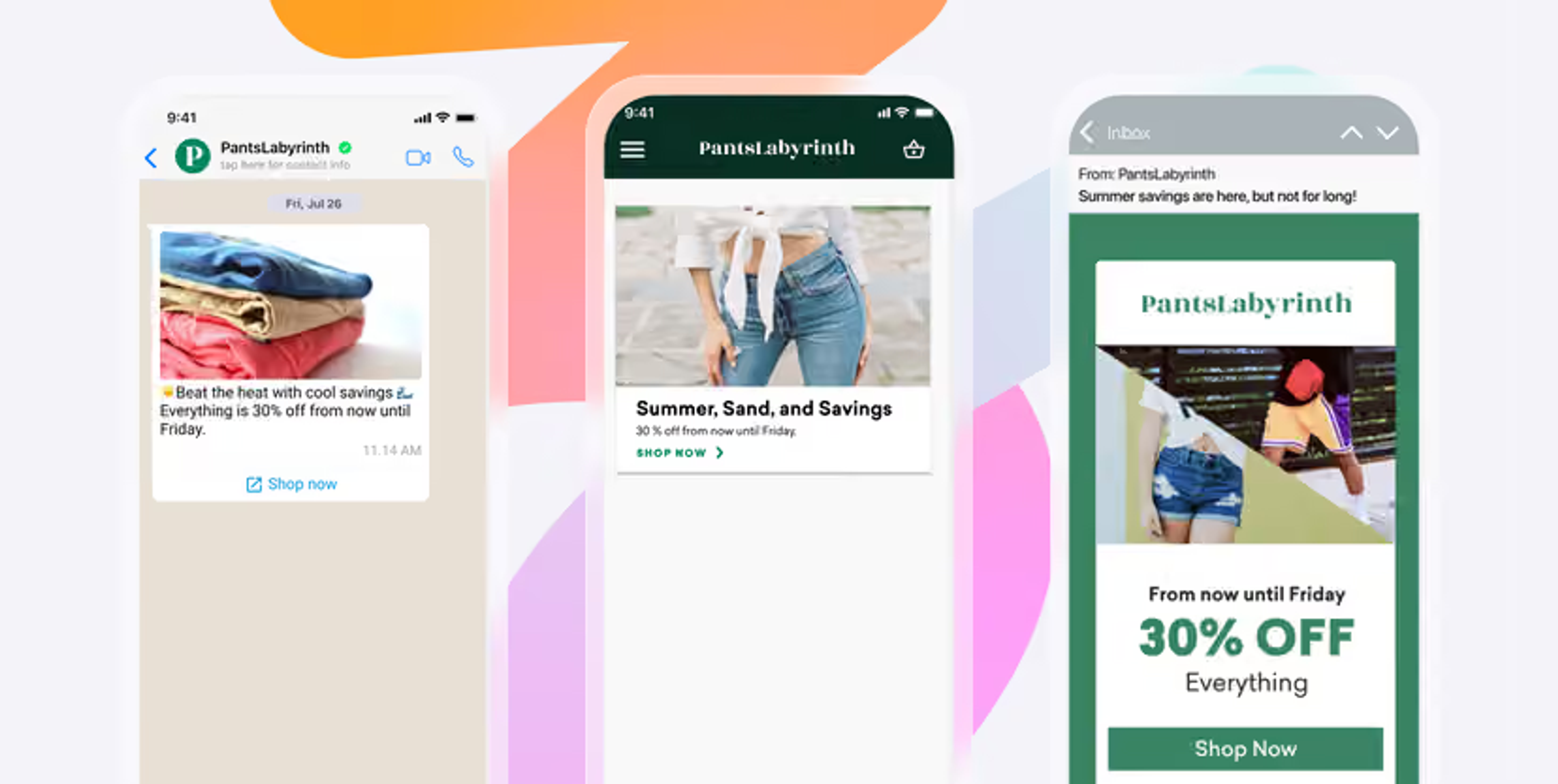 Três telas de celular exibem uma campanha da PantsLabyrinth por mensagem, site e e-mail, anunciando 30% de desconto até sexta-feira.