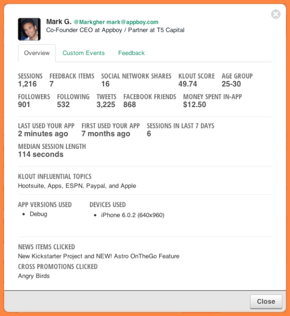 A profile summary for Mark G., Co-Founder and CEO at Appboy, displaying social media statistics, session length, and app usage details. The interface includes options for feedback and custom events.