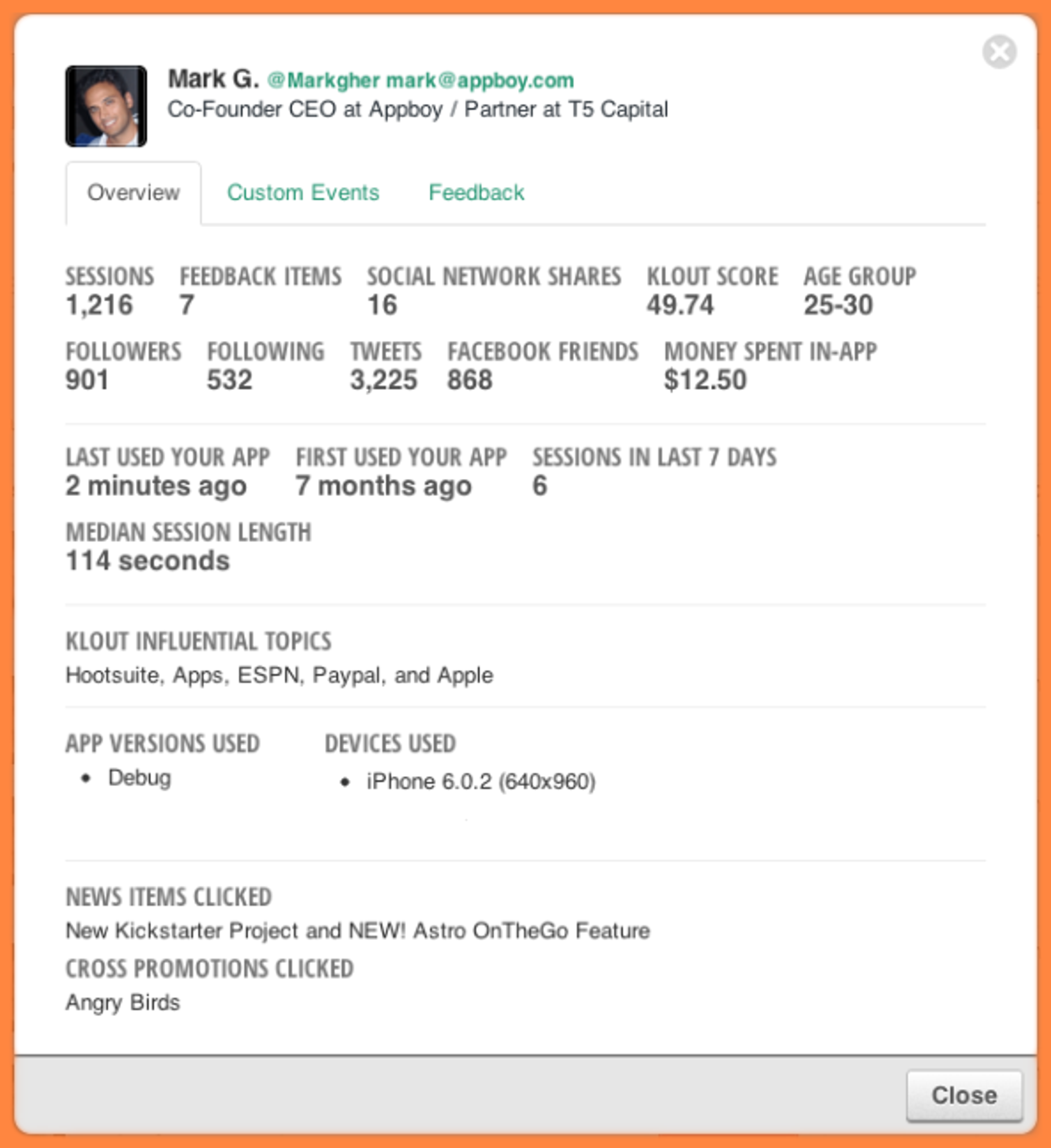 A profile summary for Mark G., Co-Founder and CEO at Appboy, displaying social media statistics, session length, and app usage details. The interface includes options for feedback and custom events.