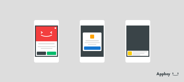 Three smartphone screens displaying different app notifications: one with a smiling face, one with a yellow square, and one with a dark background.