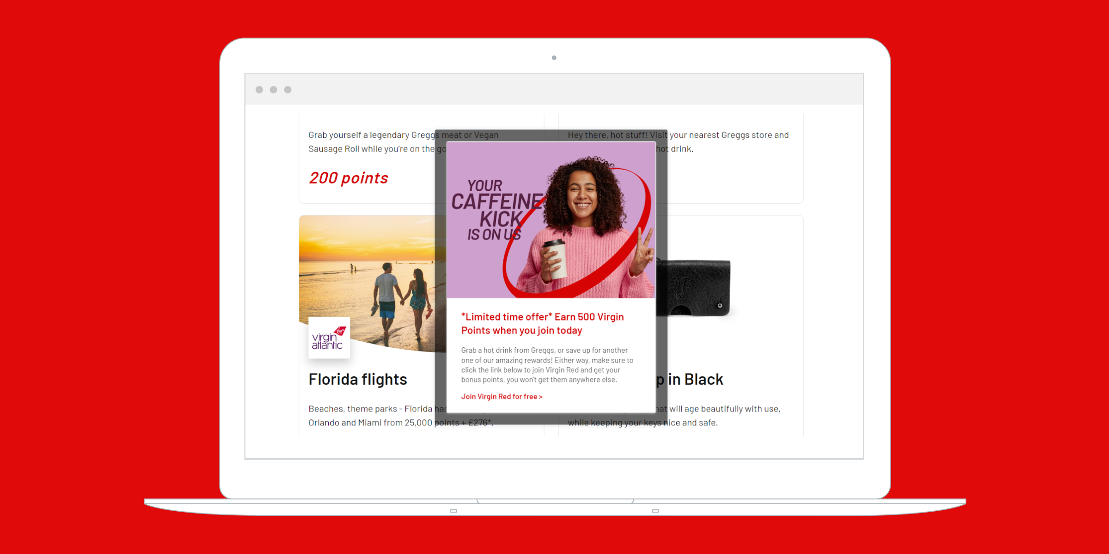 A laptop displays a promotional pop-up for Virgin Points, featuring a woman holding a drink and text about earning points. The background is red, and the offer is highlighted as a limited-time deal.