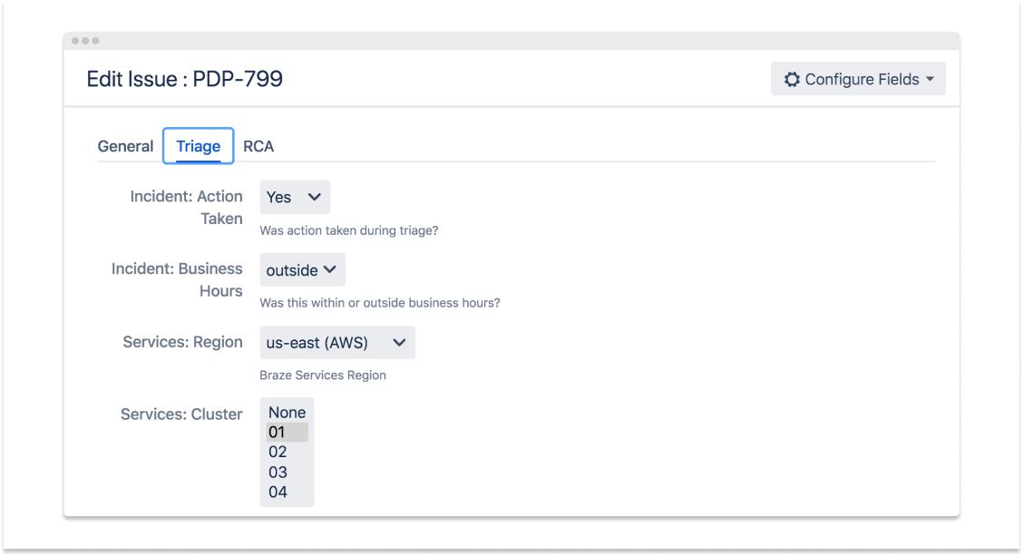 A form for editing an issue, displaying fields for incident action taken, business hours, region, and services cluster. The selected options indicate action was taken outside business hours in the US East region.
