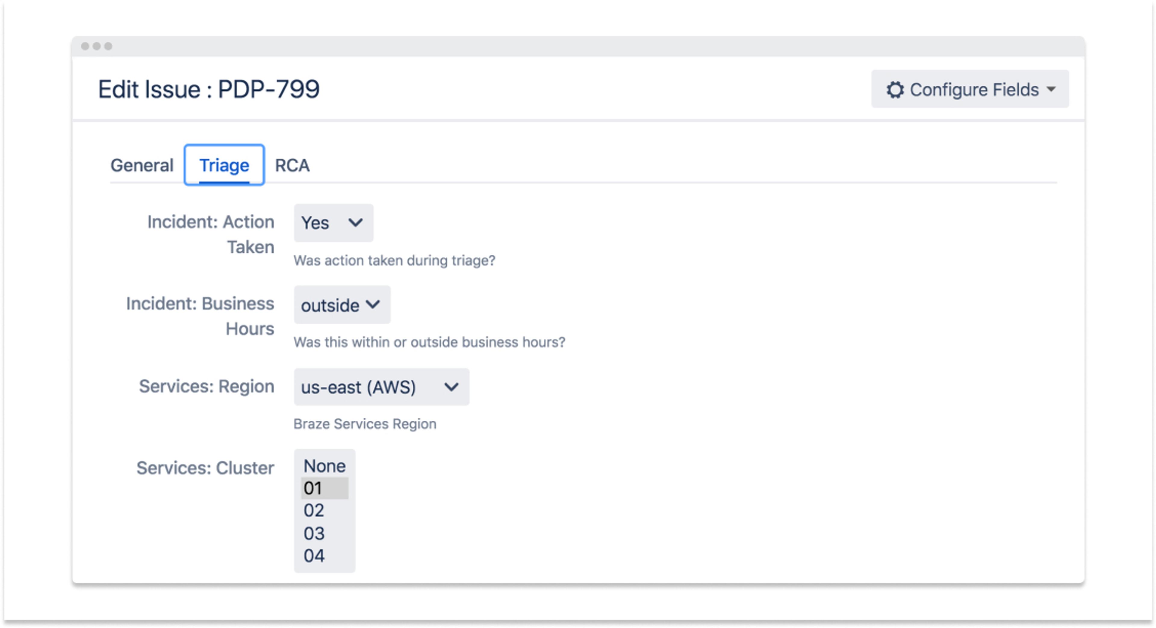 A form for editing an issue, displaying fields for incident action taken, business hours, region, and services cluster. The selected options indicate action was taken outside business hours in the US East region.