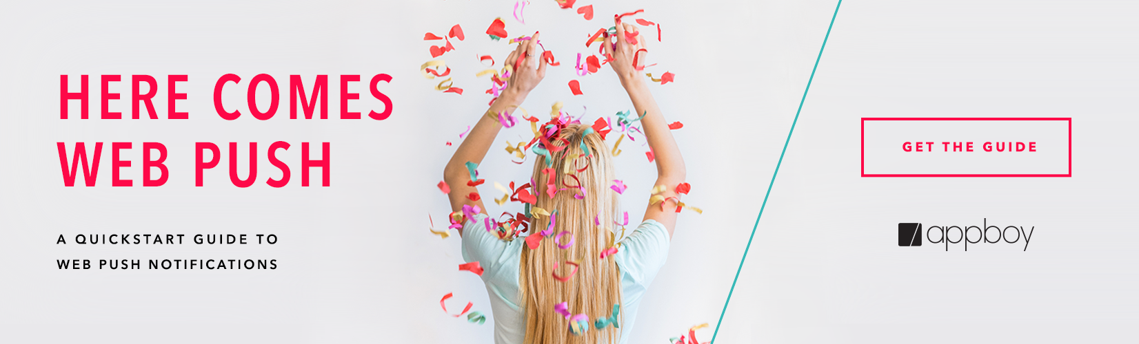 A person with long hair is throwing colorful confetti in the air, celebrating. Text on the image promotes a guide to web push notifications.