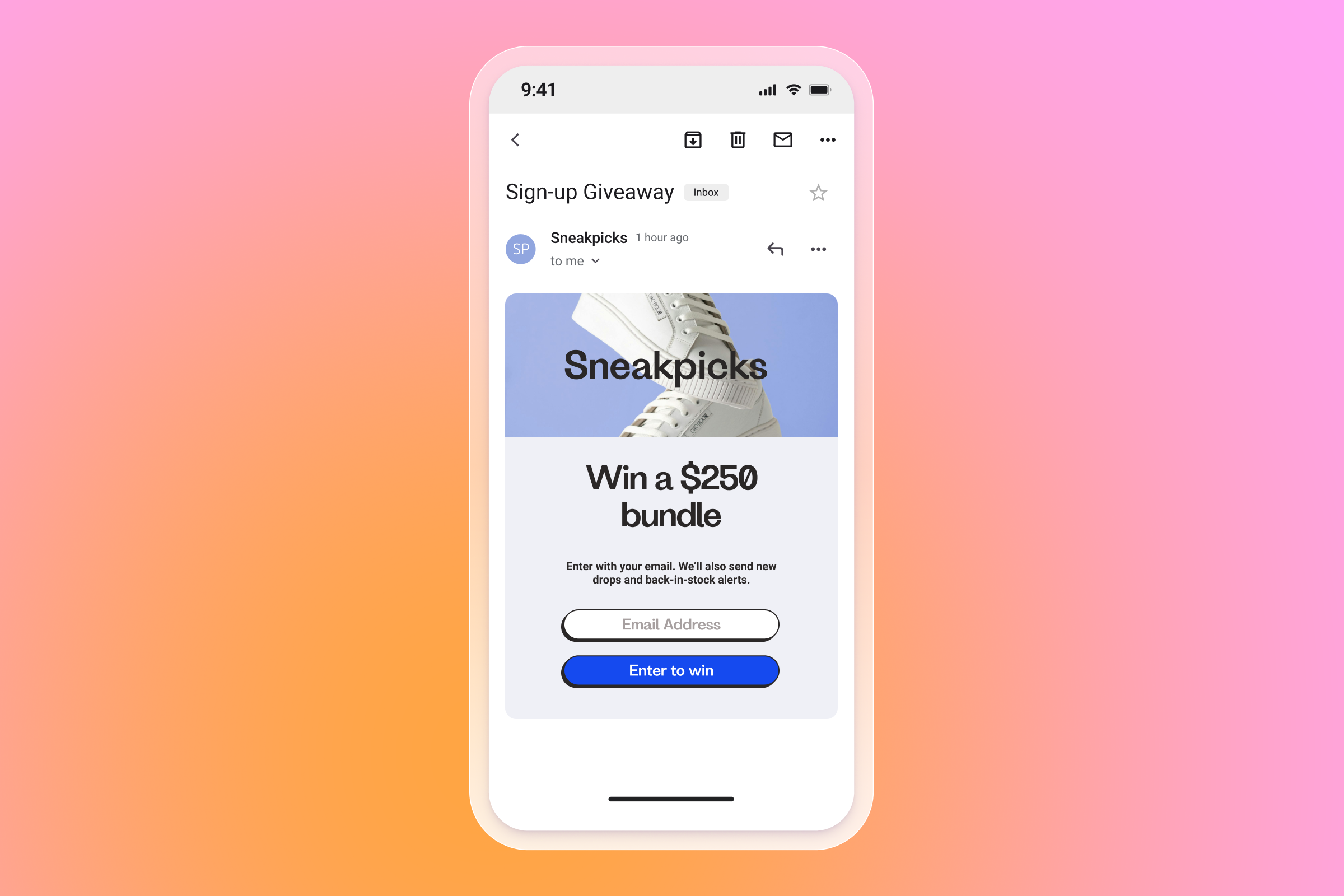 Smartphone displaying an email from Sneakpicks for a $250 bundle giveaway with an email signup form.