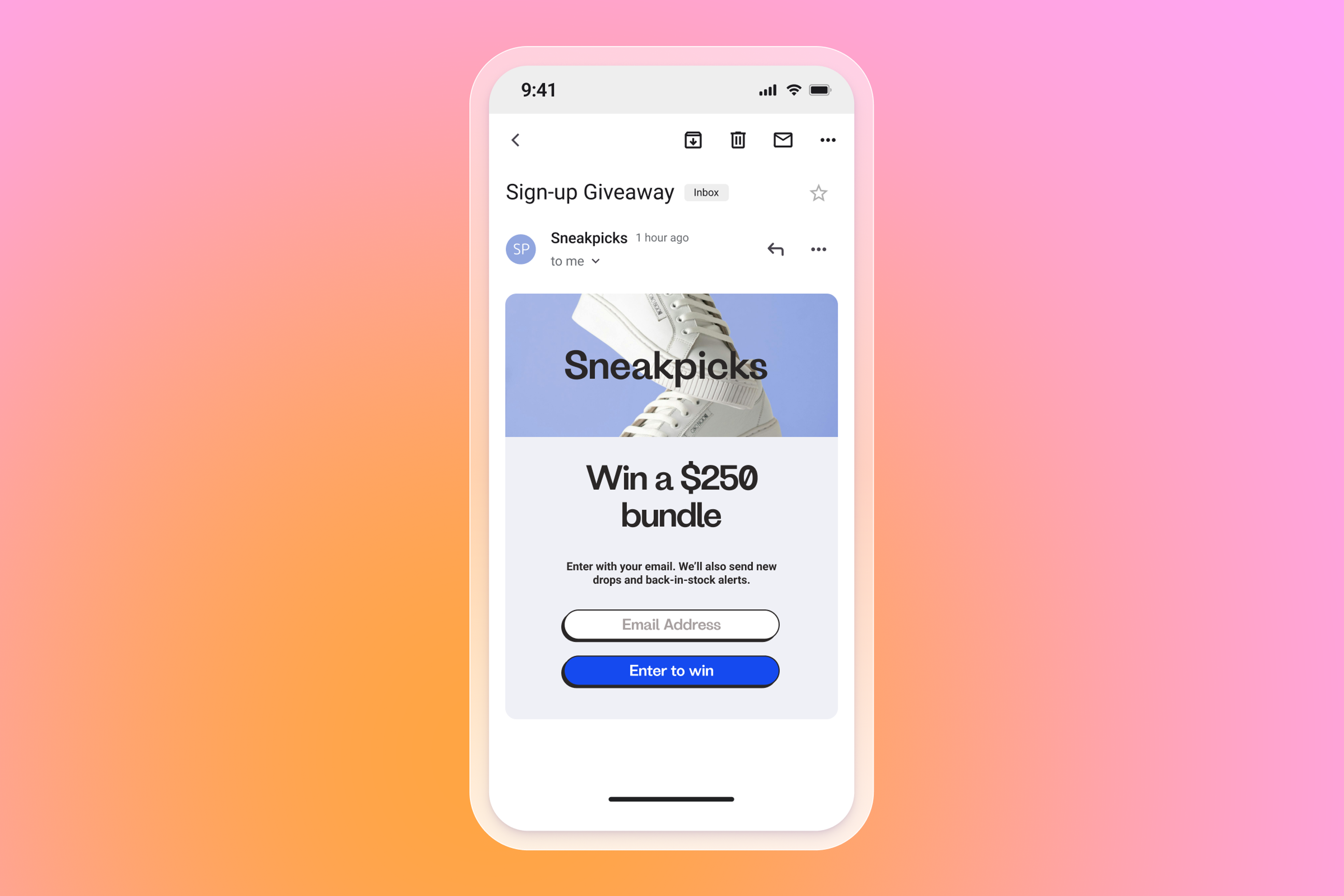 Smartphone displaying an email from Sneakpicks for a $250 bundle giveaway with an email signup form.
