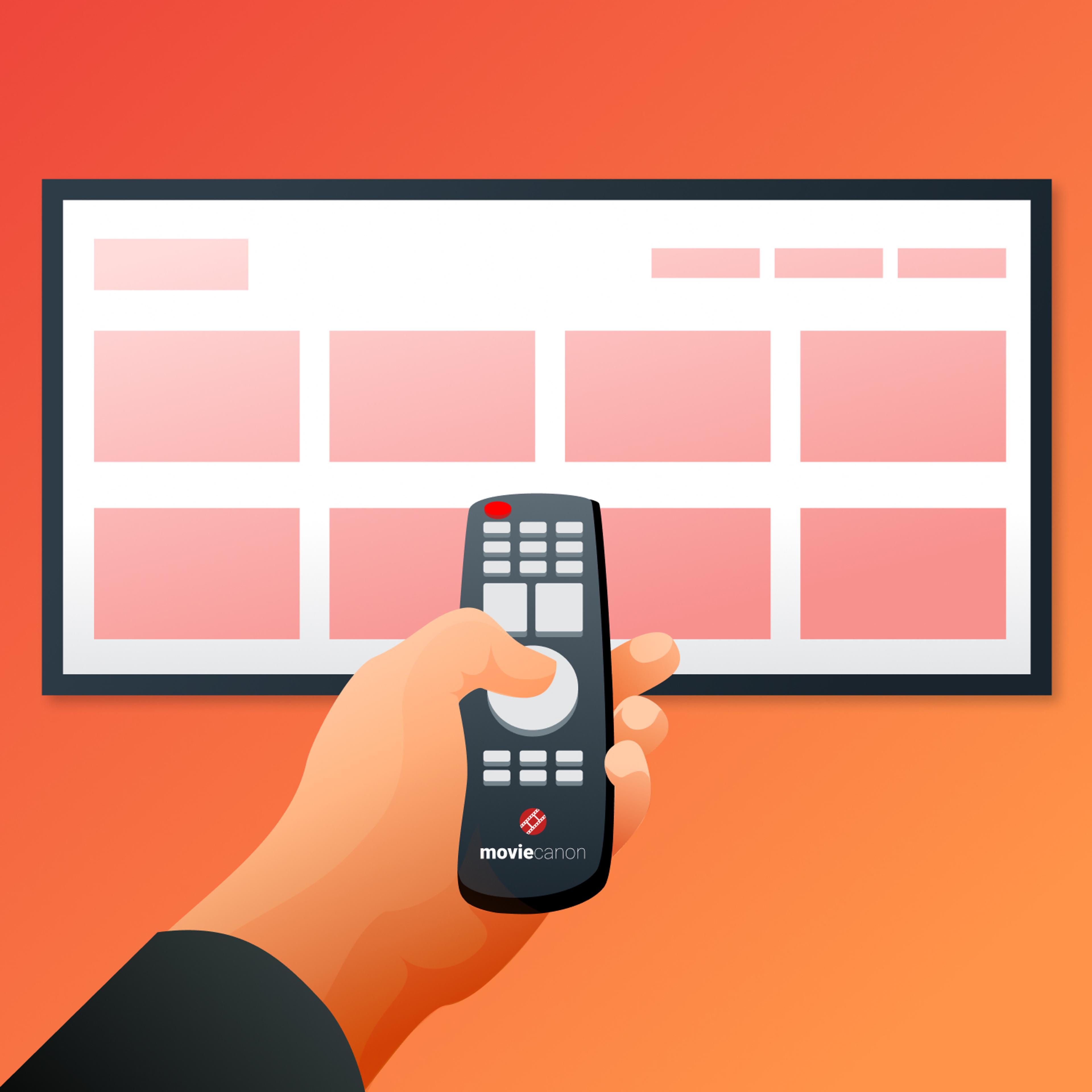 A hand holding a remote control points towards a blank television screen with a gradient orange background. The screen displays a grid layout, suggesting a menu or selection interface.