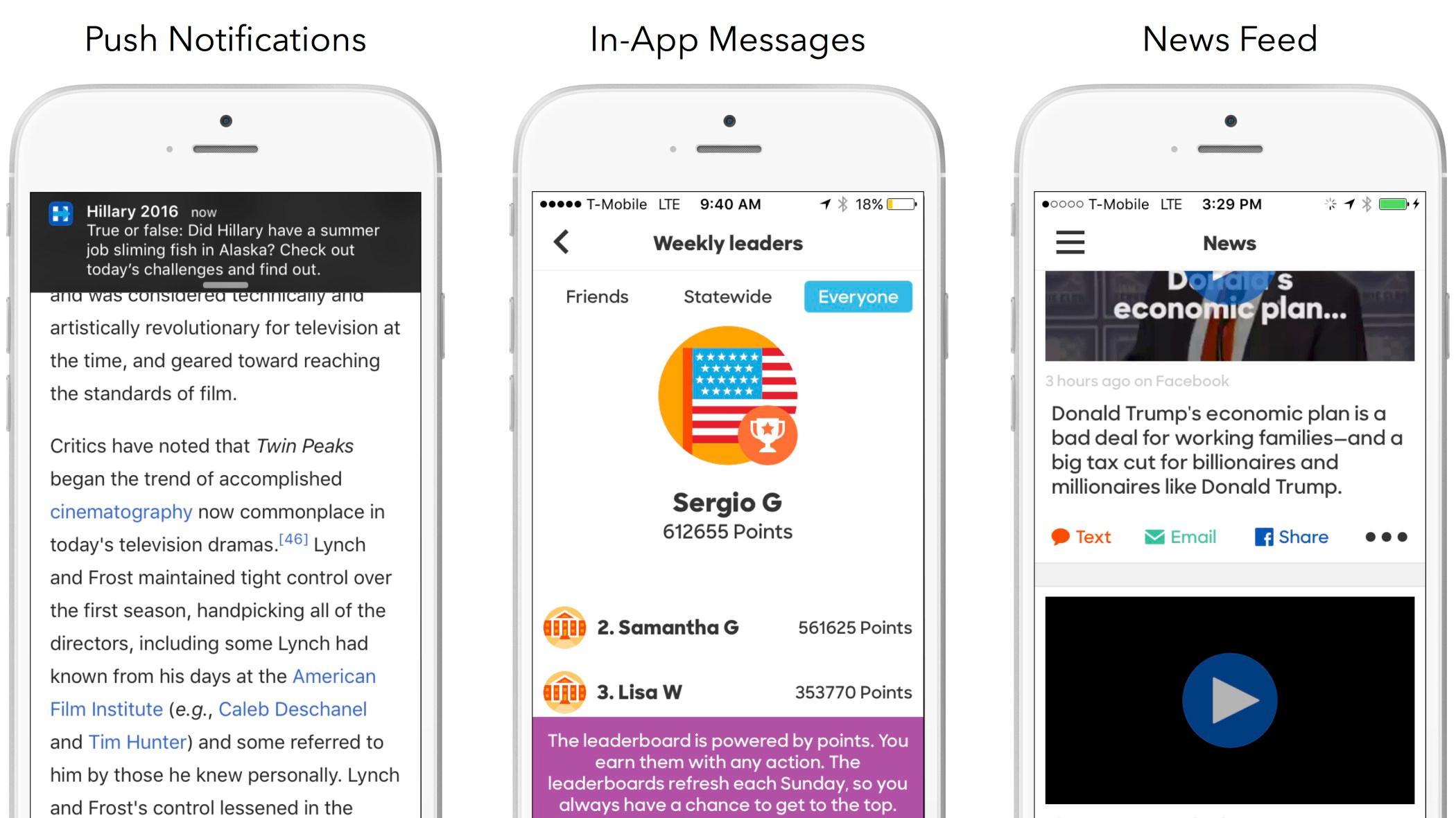 Three smartphone screens displaying different app features: the first shows a push notification about a political event, the second features in-app messages highlighting weekly leaders, and the third presents a news feed discussing economic plans.
