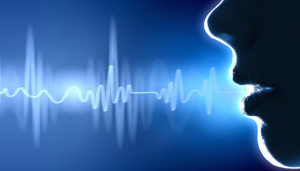 A silhouette of a person's face with lips slightly parted, overlaid with sound wave graphics in blue tones. The image represents sound or voice.