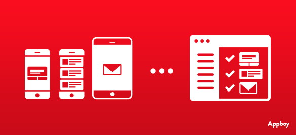 Three mobile devices displaying messages connect to a larger screen showing a checklist and messages.