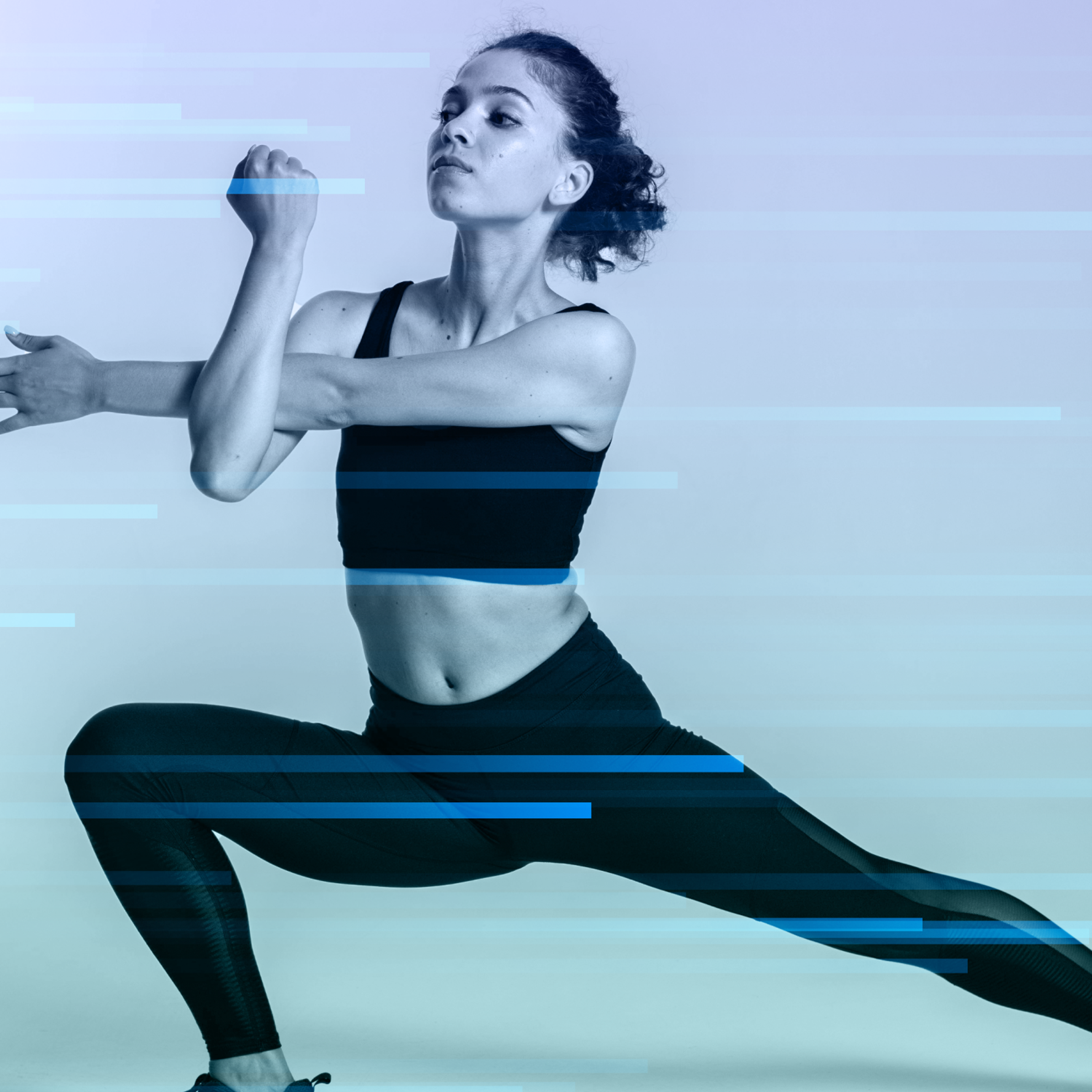 A woman in black athletic wear stretching, with blue horizontal lines digitally overlaid.