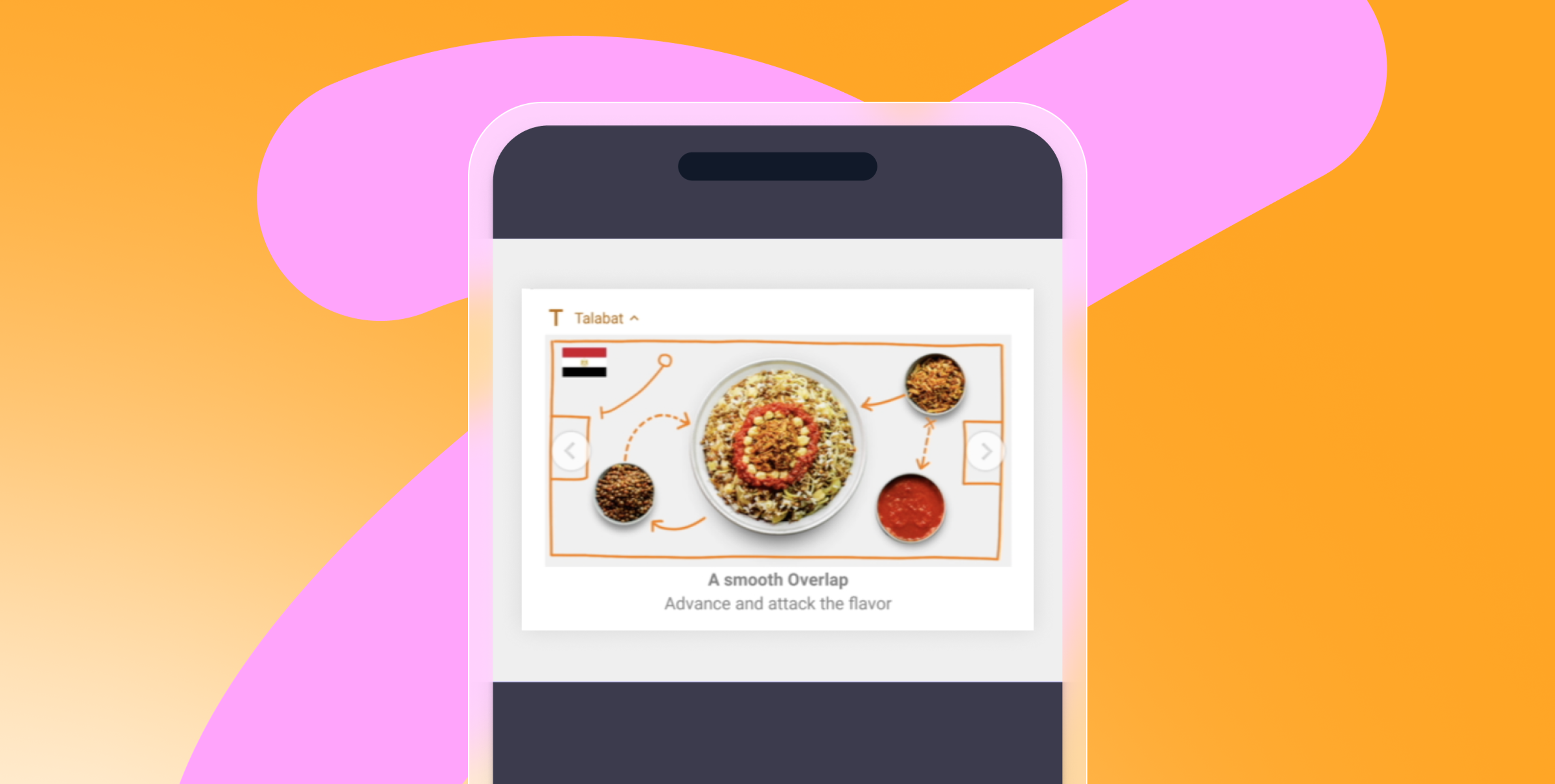 a phone screen shows a picture of food and the words " a smooth overlap advance and attack the flavor "
