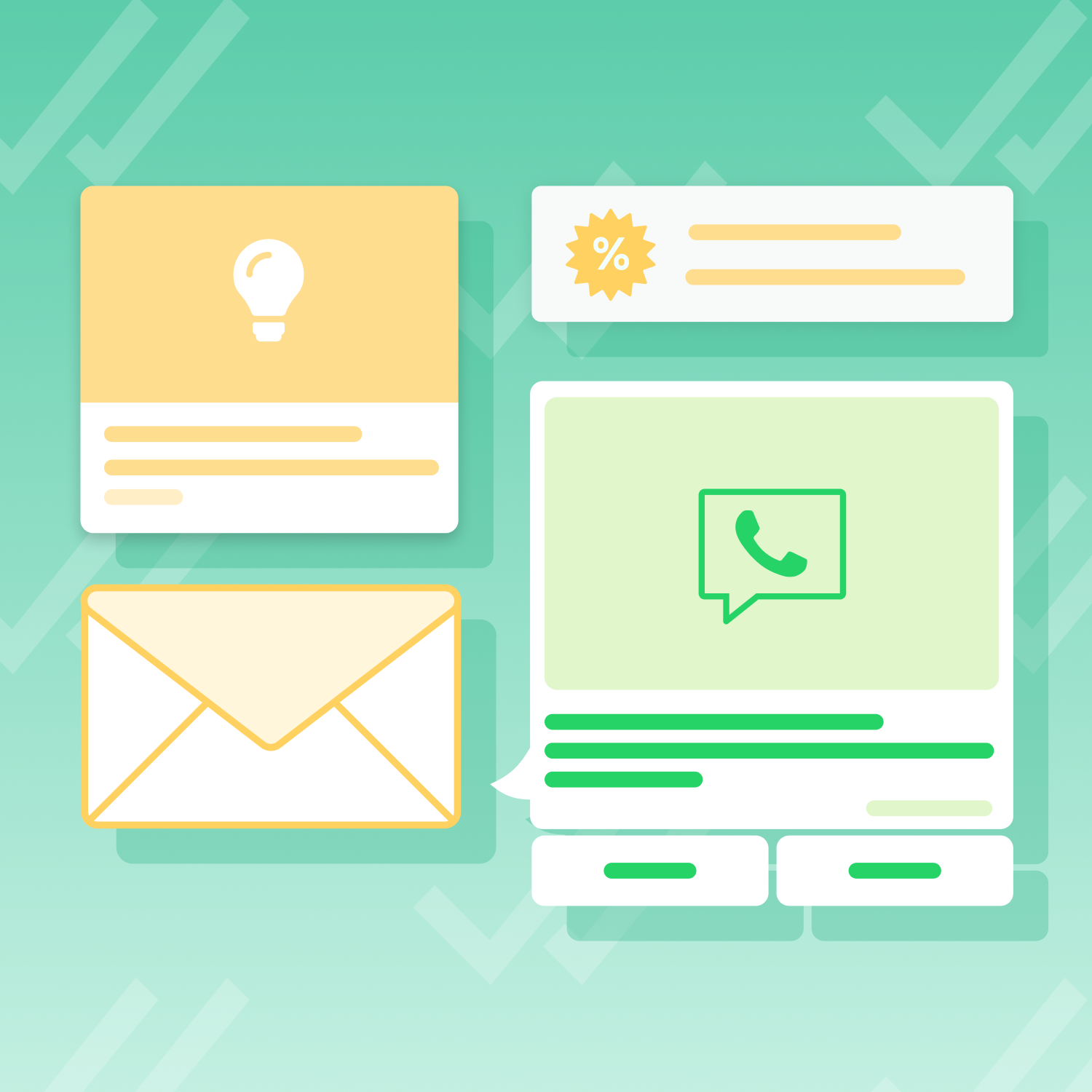 A collection of digital communication icons, including an envelope, a lightbulb, a chat bubble, and a notification banner, set against a gradient green background.
