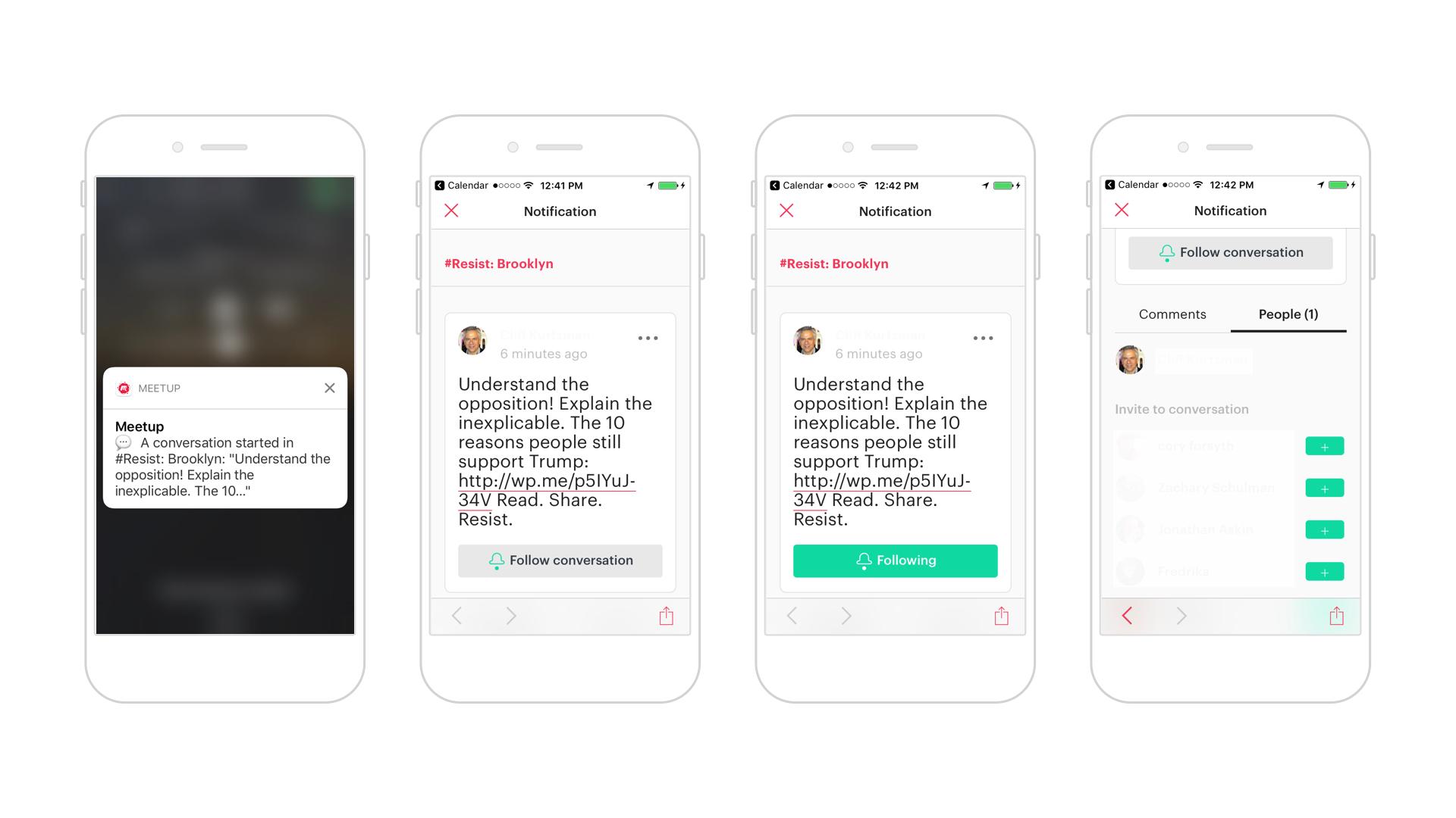 A series of smartphone screens displaying a notification about a meetup and a conversation on understanding opposition. The screens show options to follow the conversation and view comments.