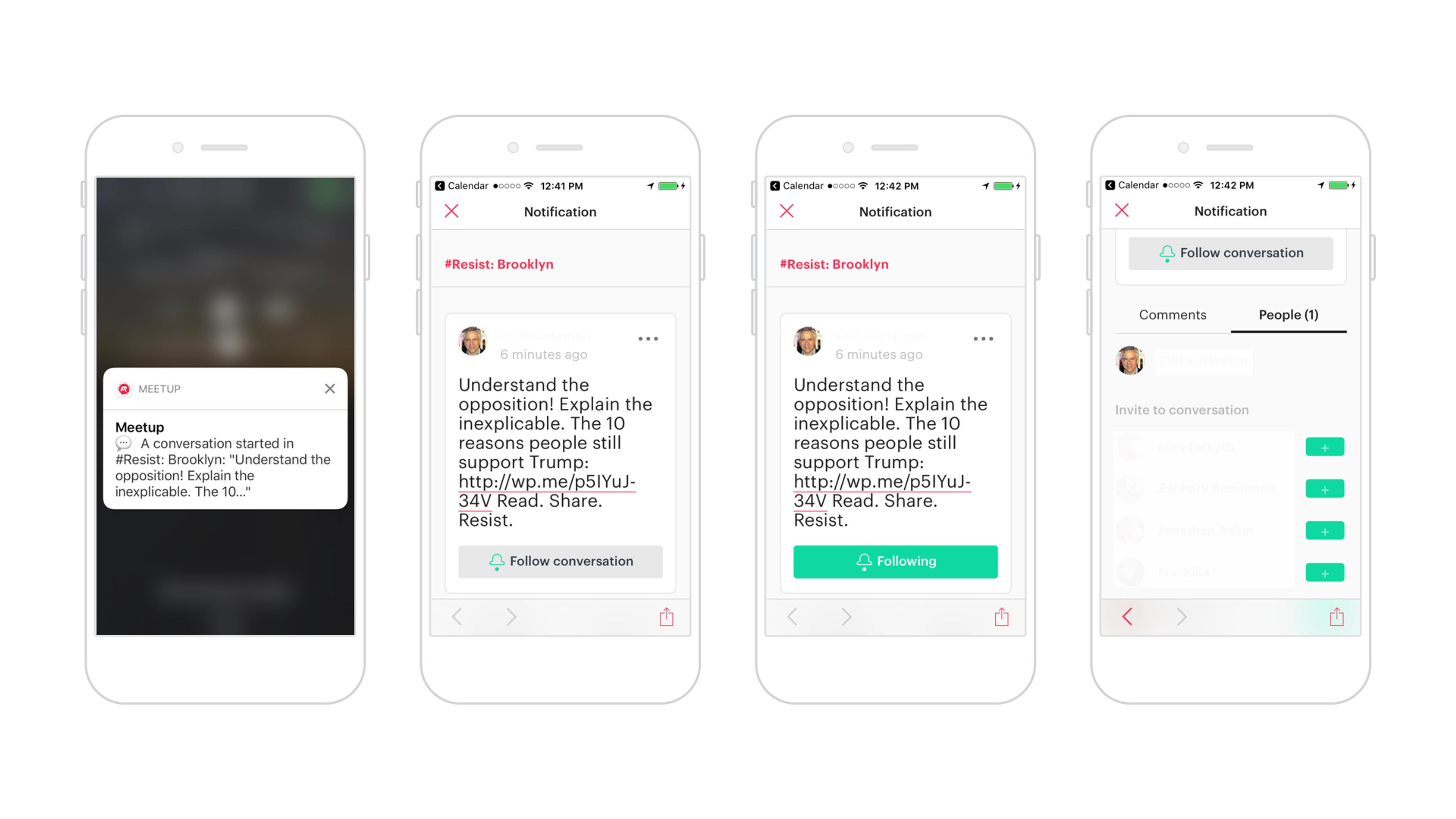 A series of smartphone screens displaying a notification about a meetup and a conversation on understanding opposition. The screens show options to follow the conversation and view comments.
