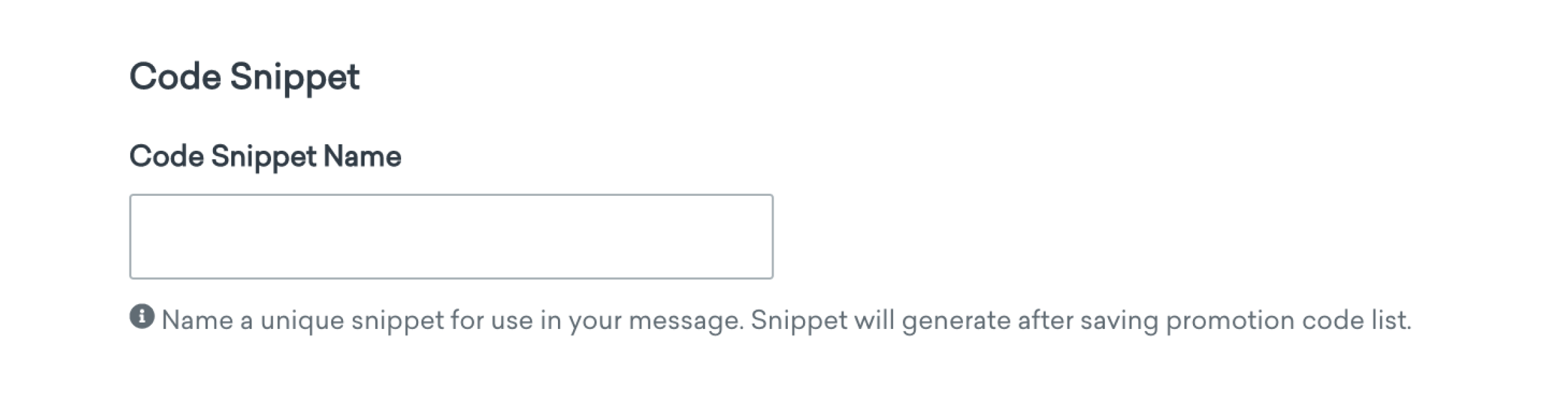 A form field labeled "Code Snippet Name" with a placeholder text indicating to name a unique snippet for use in a message. Below, there is a note about generating a snippet after saving a promotion code list.
